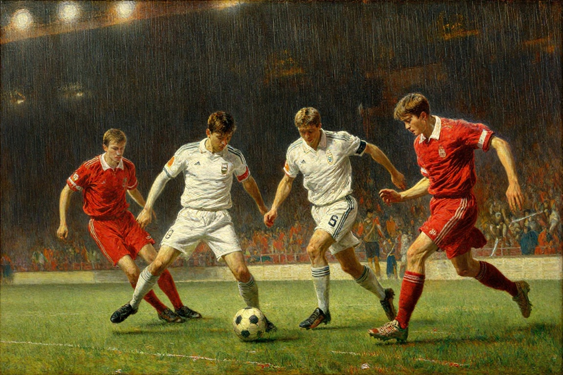 z-paint-style,  a dynamic football match scene in the rain,  players in white and red fighting for the ball on Tensor.Art