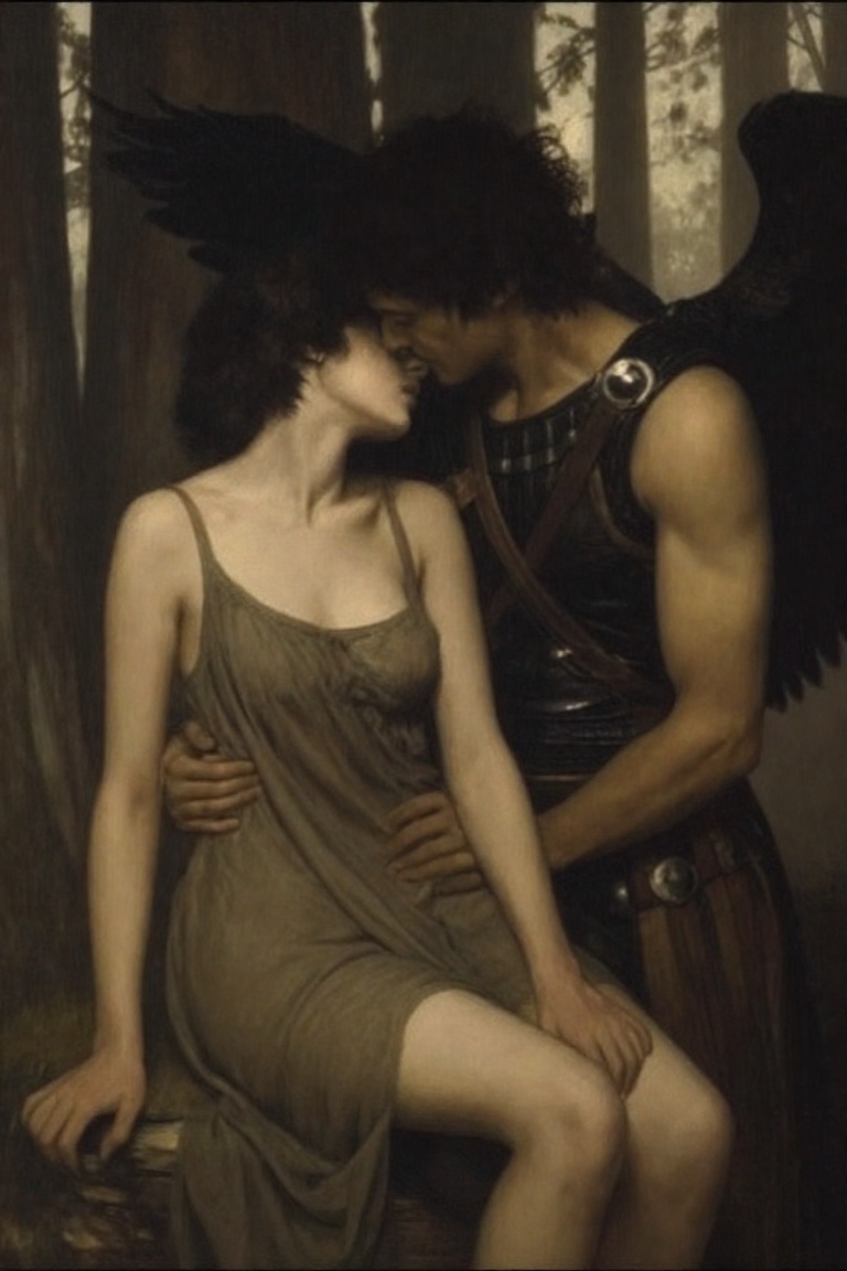 z-paint-style,  a man with large black wings sitting with a woman in a forest,  intimate pose on Tensor.Art