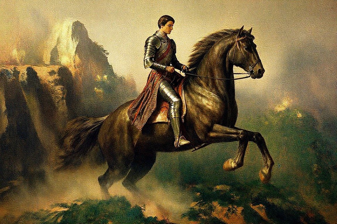 z-paint-style,  a knight riding a horse. The knight should be depicted in heroic attire,  with detailed armor and a noble...