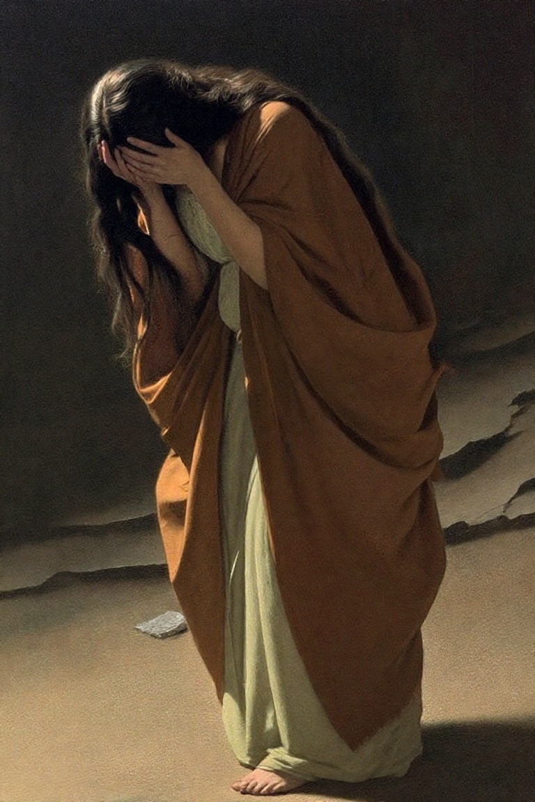 z-paint-style,  a woman standing with face buried in hands,  weeping on Tensor.Art
