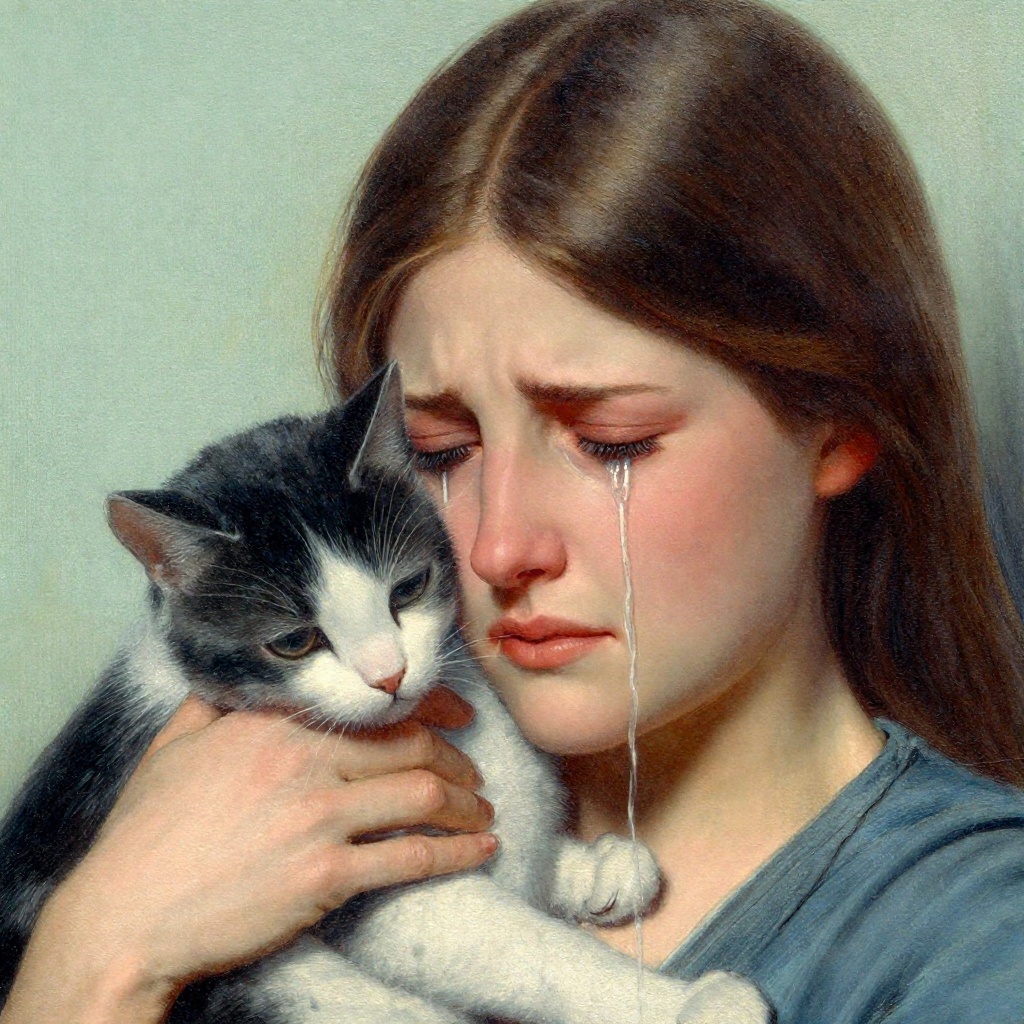 z-paint-style,  a portrait of a woman crying while her cat comforts her on Tensor.Art
