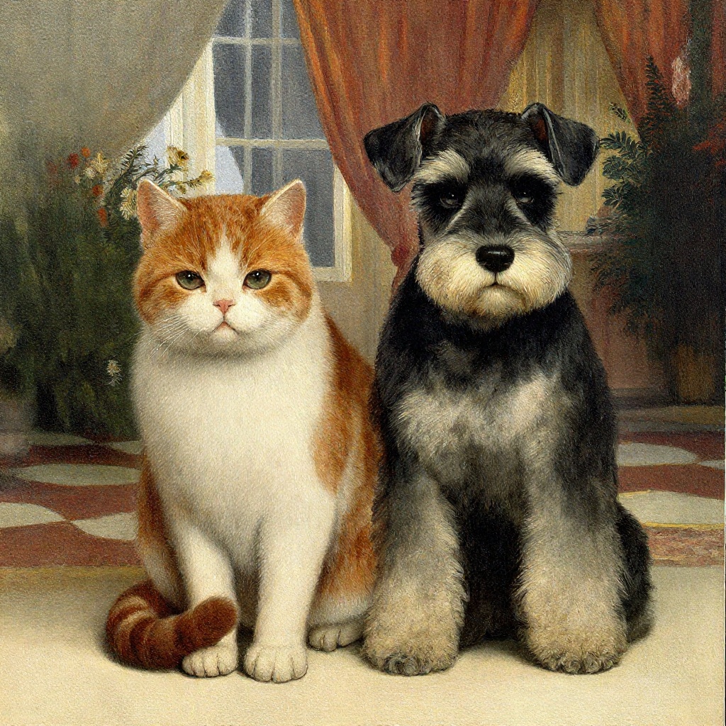 z-paint-style,  portrait of a British short hair cat and an schnauzer dog sitting together with a luxurious house in the b...
