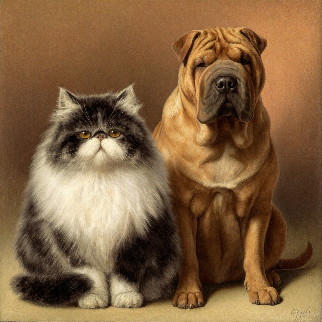 z-paint-style,  portrait of a Persian cat and a sharpei dog sitting together on Tensor.Art