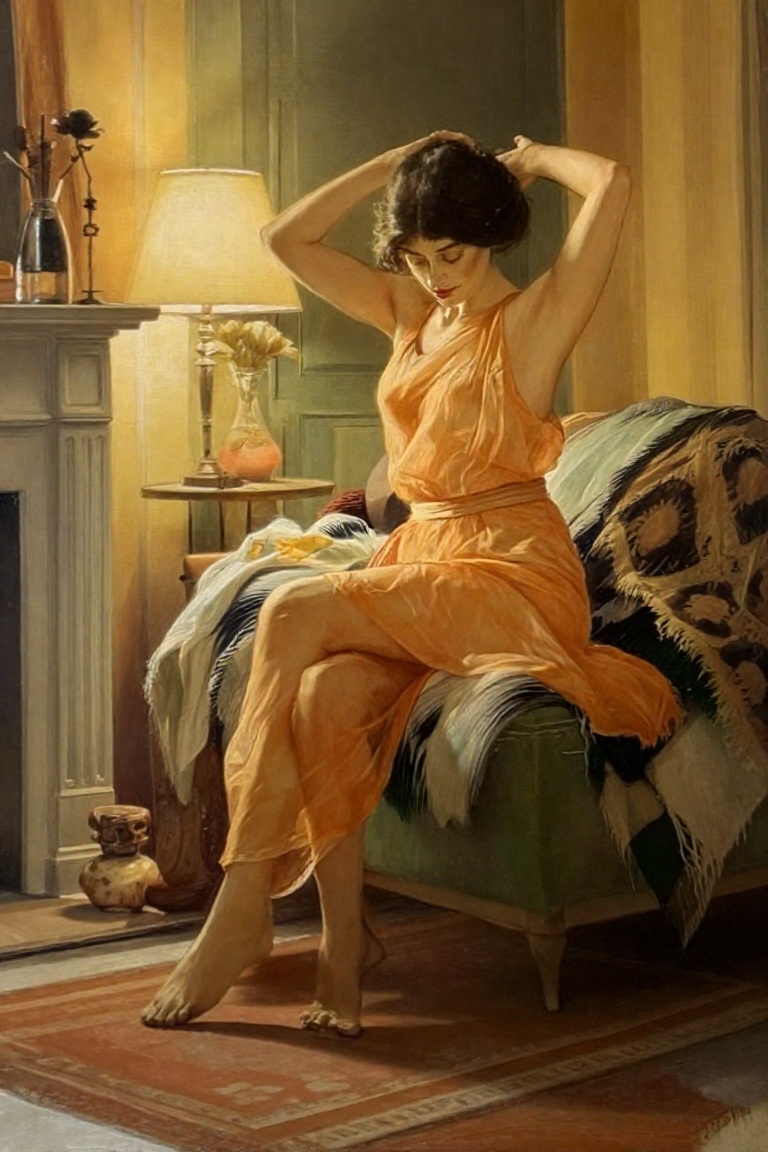 z-paint-style,  a woman sitting on a green sofa,  fixing her hair with both arms raised on Tensor.Art