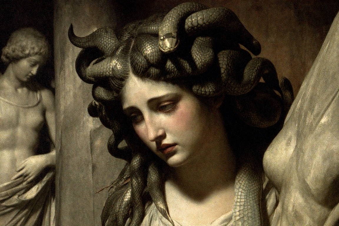 z-paint-style,  portrait of Medusa hiding in deep shadow,  stone statues in the background on Tensor.Art