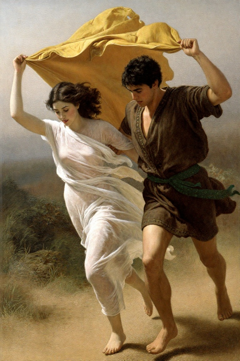 z-paint-style,  a young couple running together,  holding a billowing yellow silk cloth over their heads on Tensor.Art