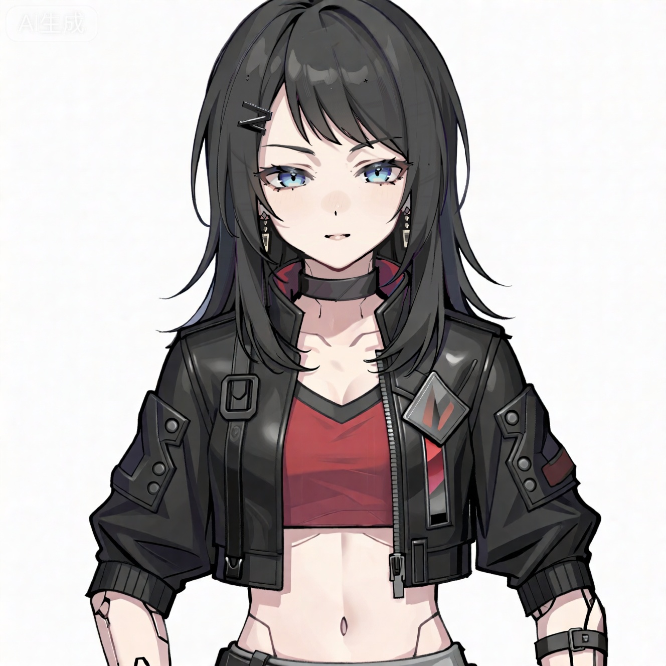 masterpiece, best quality,solo,white background,simple_background,Yahata Umiri,cybersaki_style,black hair,long hair,blue eyes,bangs,swept bangs,skirt,jewelry,jacket,earrings,choker,black jacket,red shirt,leather,leather jacket,navel,cropped jacket,android,joints,robot joints,boots,belt,black footwear,grey skirt,pencil skirt,fishnets