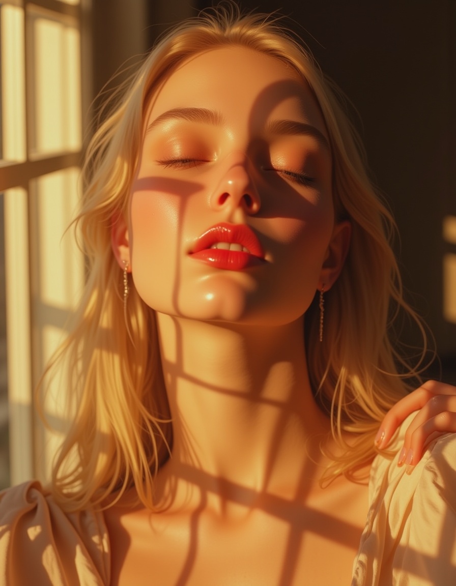 Hyp3rAn1me,  A captivating close-up photograph of a blonde woman,  sleeping peacefully in the morning sunlight. The golden...