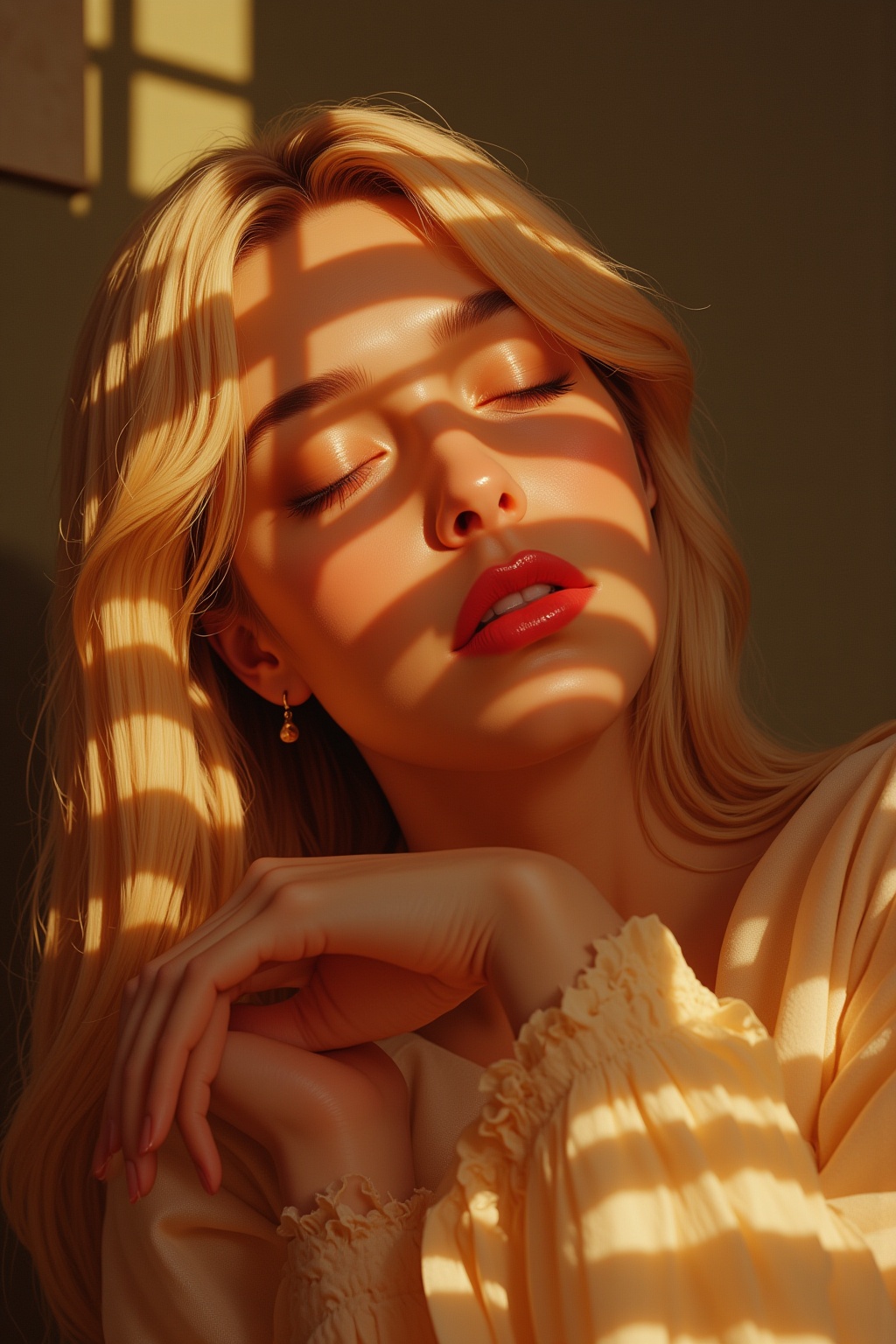 Hyp3rAn1me,  A captivating close-up photograph of a blonde woman,  sleeping peacefully in the morning sunlight. The golden...
