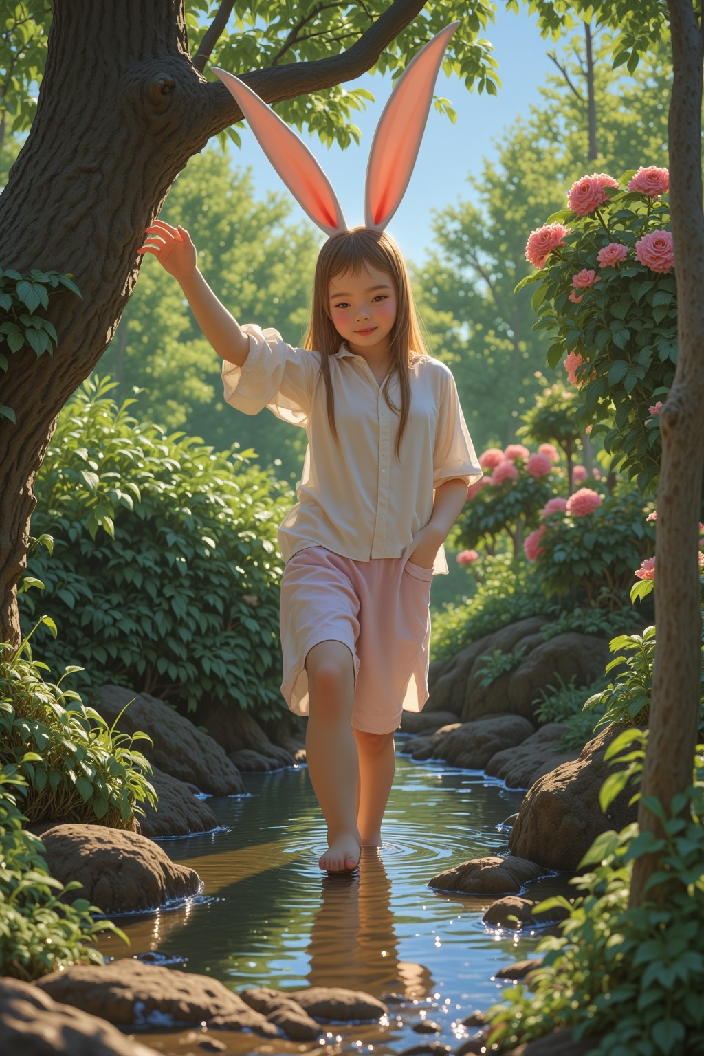 Hyp3rAn1me,  Ethereal Bunny Girl posing amidst lush spring greenery and vibrant blooming flowers,  her pastel-hued rabbit...