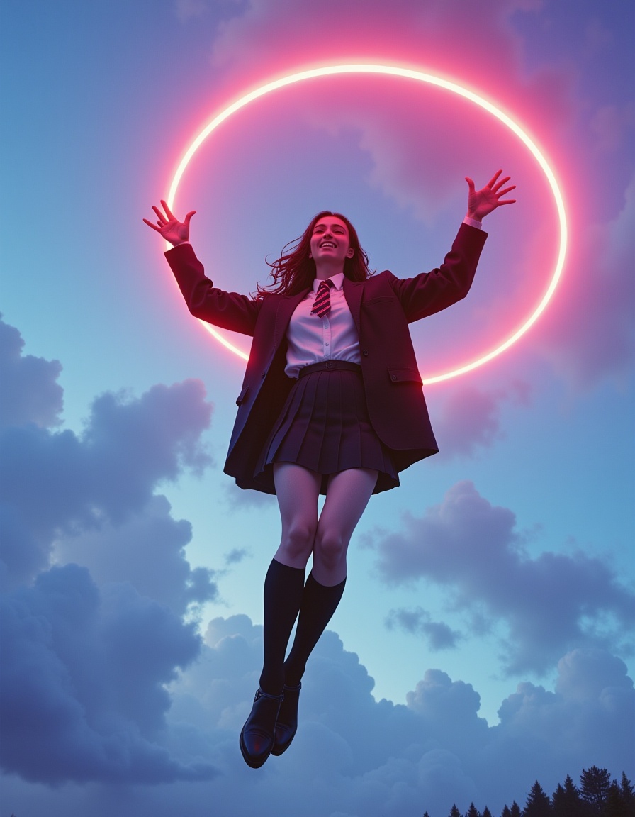 Hyp3rAn1me,  Photo of 1woman wearing school uniform floating in sky,  falling down on Tensor.Art