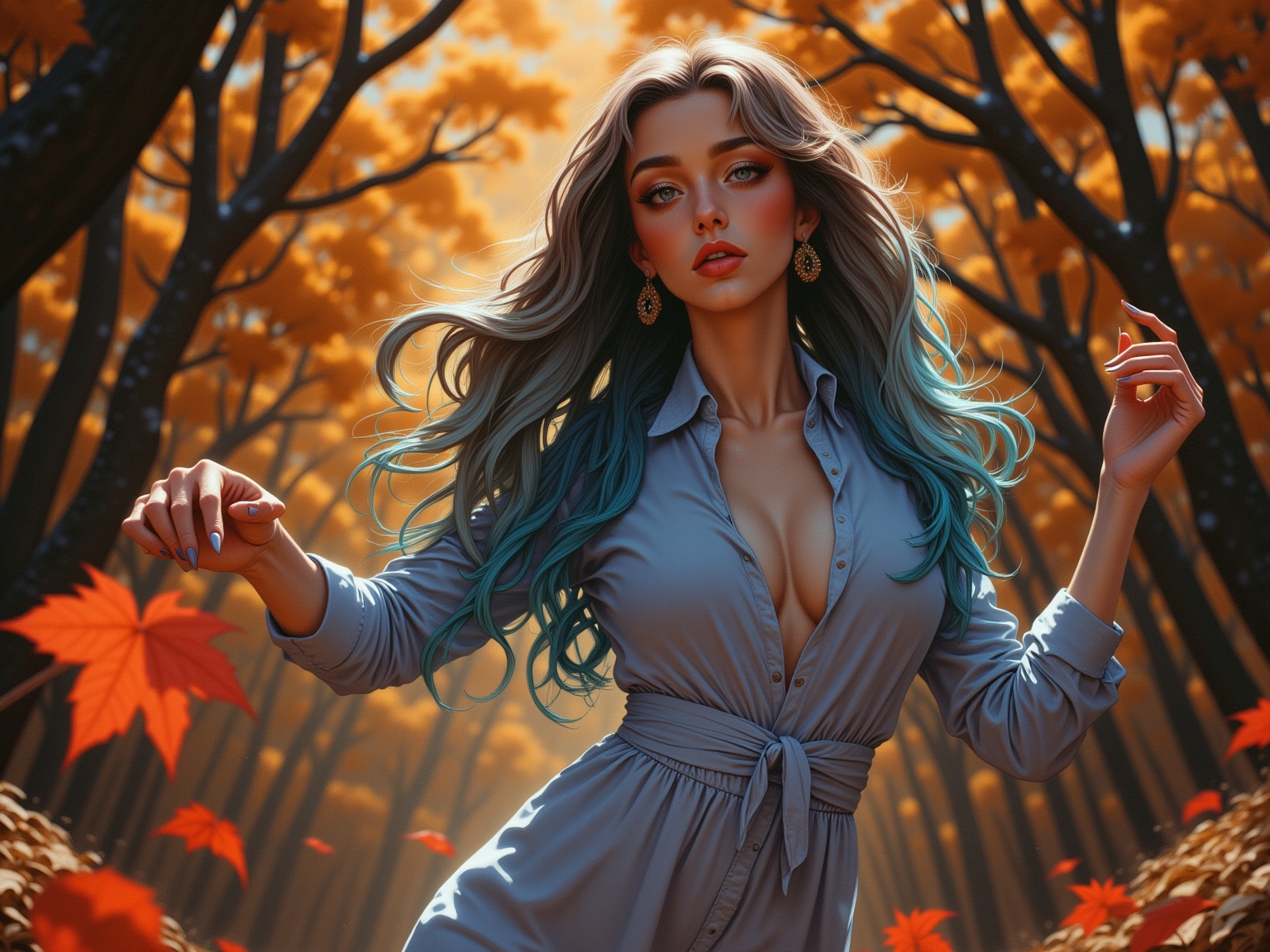 Hyp3rAn1me,  Close up portrait of a fit 25yo woman with long,  flowing hair that transitions from blue at the roots to vib...