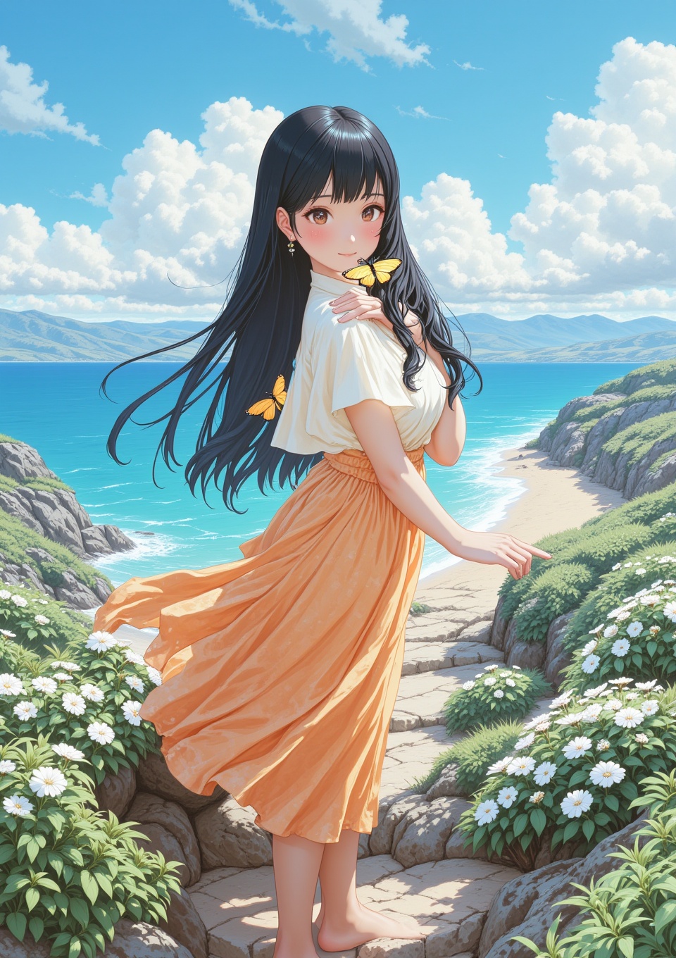 Hyp3rAn1me,  A young woman with long black hair,  bangs and brown eyes standing alone on a rocky shore on Tensor.Art