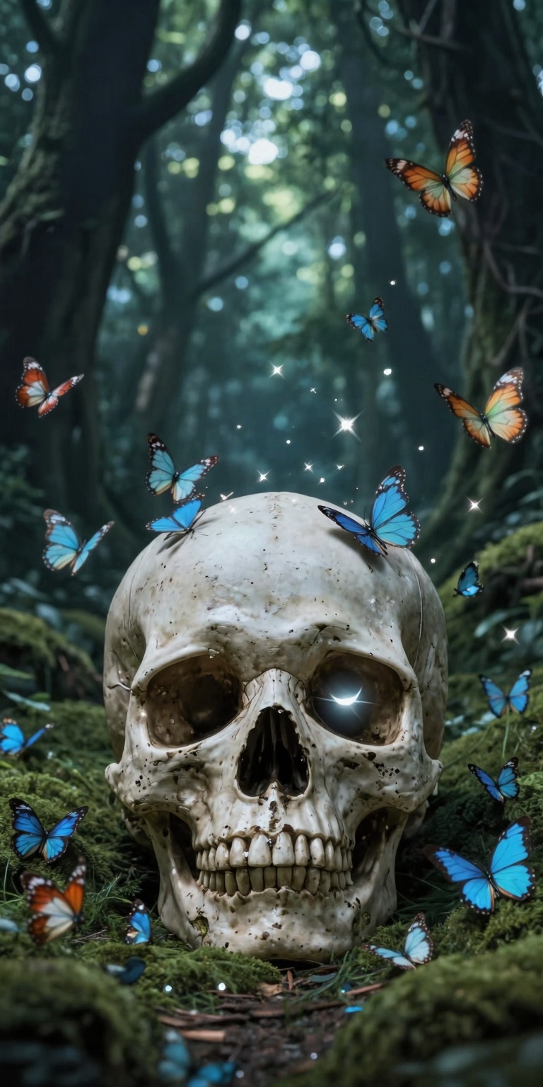 A weathered skull,  adorned with ancient energy,  slowly blinks its luminous eyes. The skull is nestled within a mystical...