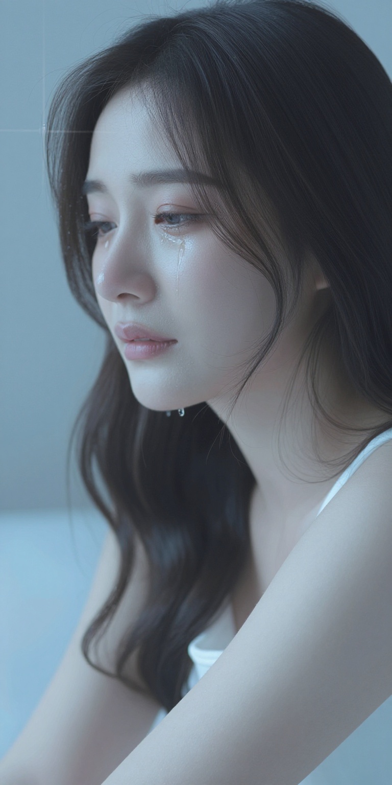 A beautiful woman weeps silently,  her expression conveying deep sorrow. Gently flowing tears trace a path down her face,...
