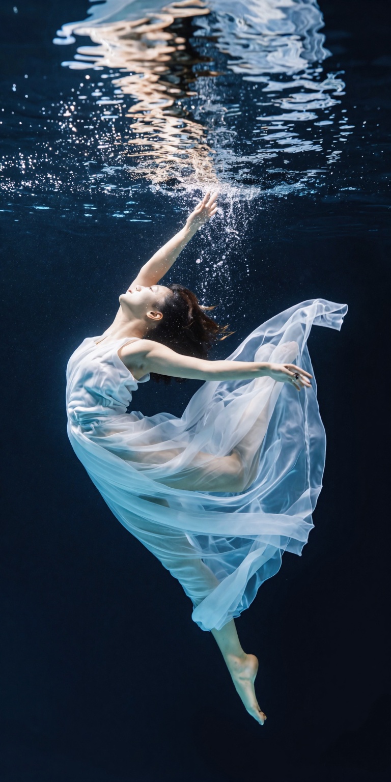 A woman with flowing,  sheer fabric drifts gracefully underwater. Her movements are slow and dreamlike,  as if suspended i...