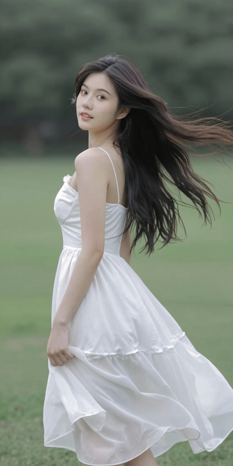 a beautiful woman standing gracefully amidst a fantastical landscape. Her long,  dark hair begins to move with a gentle,...