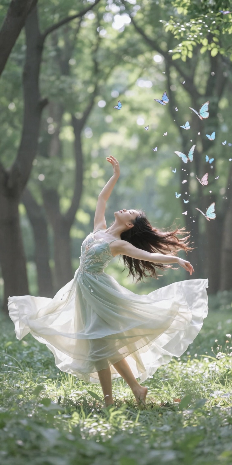 A young woman gracefully dances through an enchanted forest,  her movements fluid and light as a dream. The forest glows w...