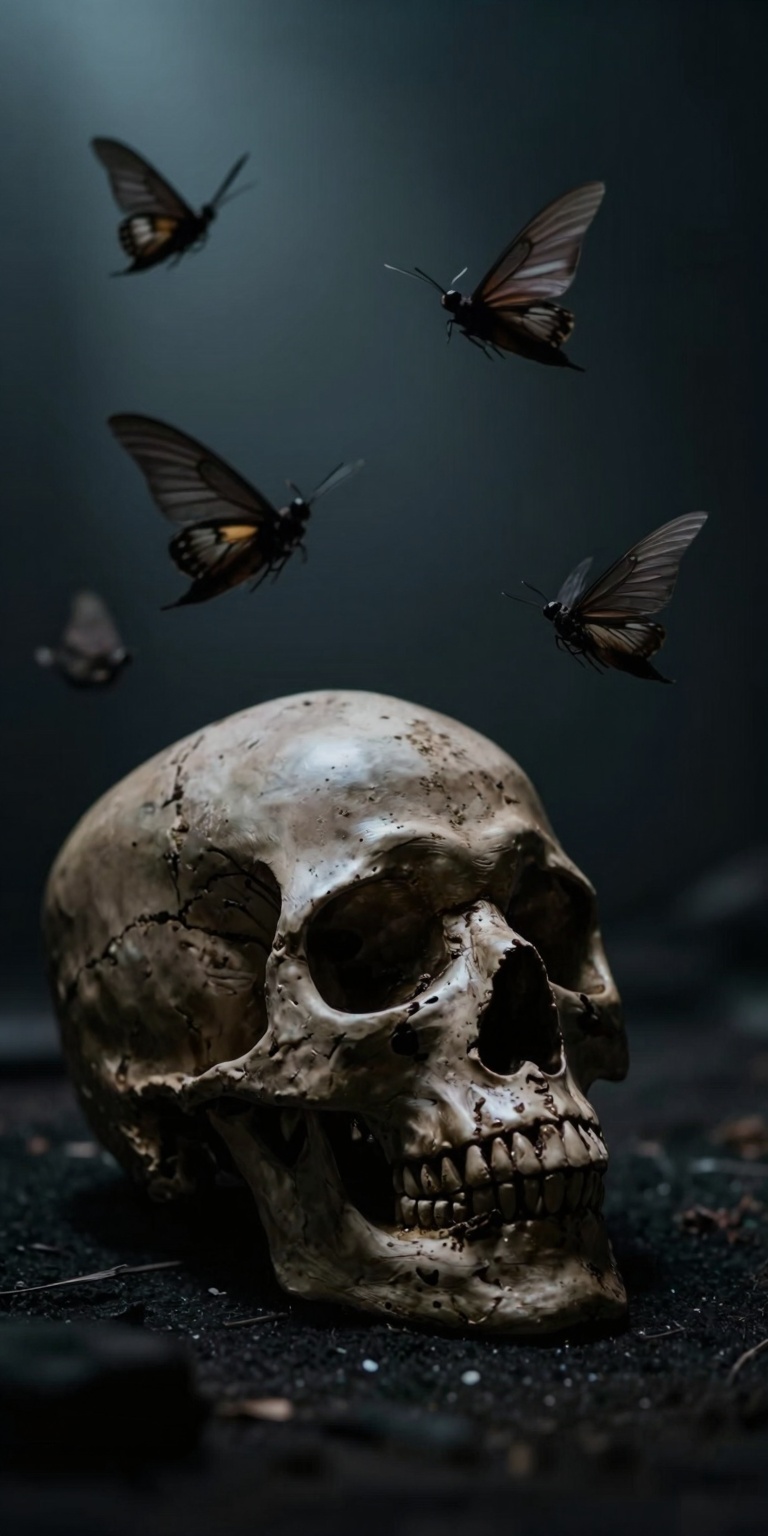 A single,  aged skull sits bathed in shadows,  its form slightly illuminated by the subtle glow emanating from its eye soc...