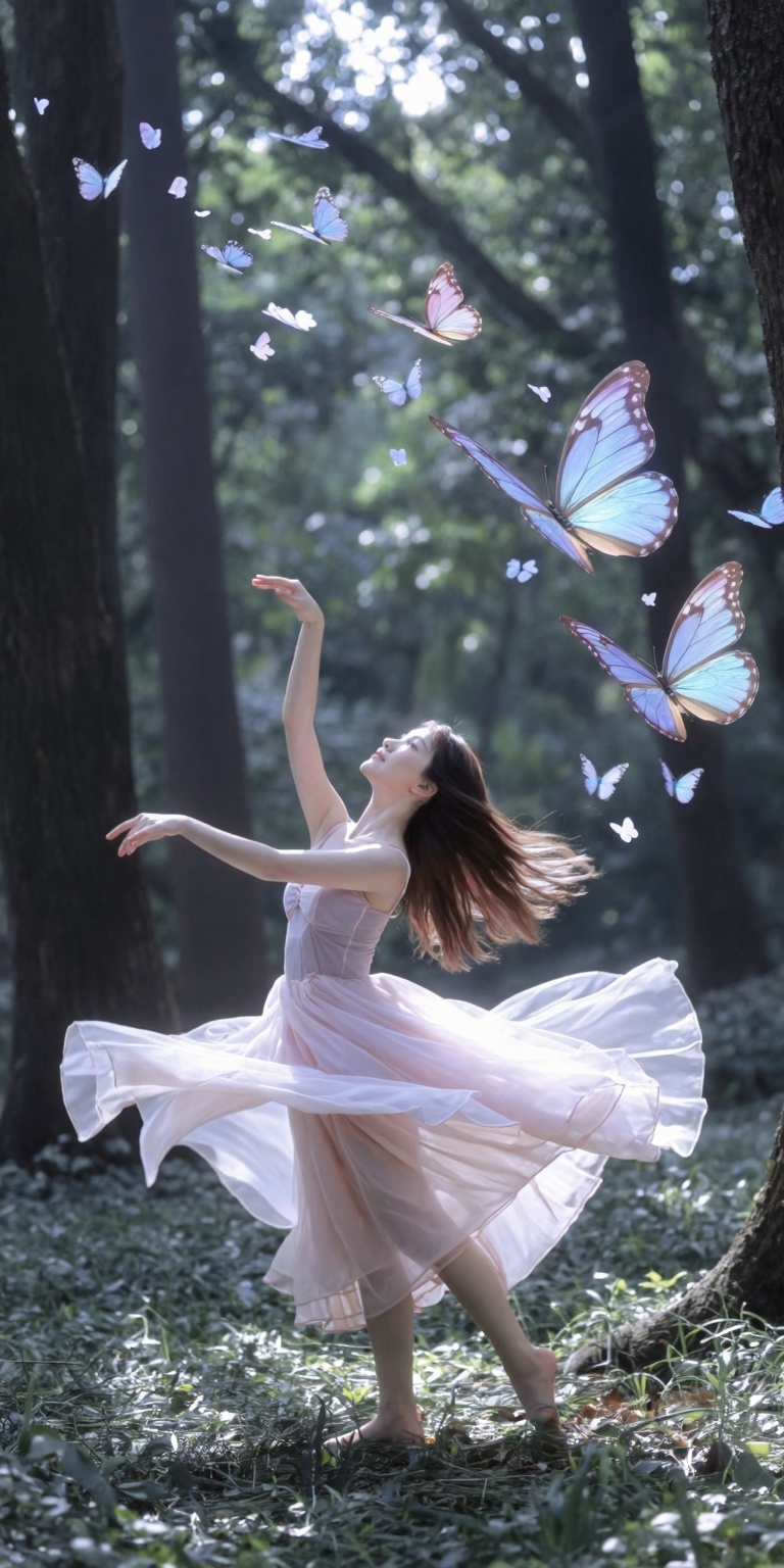 A young woman gracefully dances through an enchanted forest,  her movements fluid and light as a dream. The forest glows w...