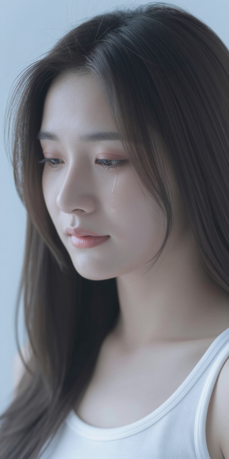 A beautiful woman weeps silently,  her expression conveying deep sorrow. Gently flowing tears trace a path down her face,...