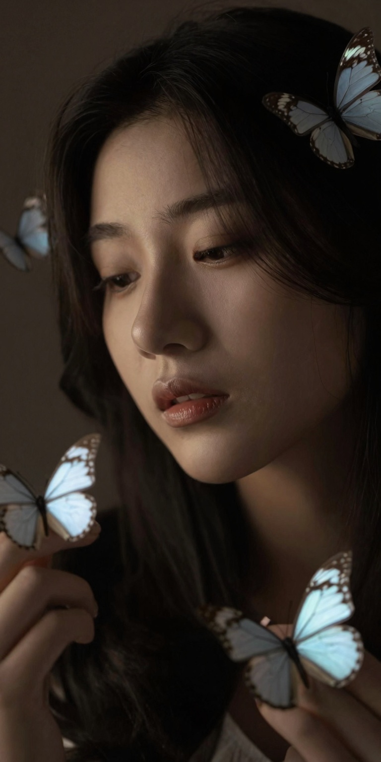 a woman's face,  framed by gently fluttering butterflies. The butterflies dance slowly around her face in a graceful,  slo...