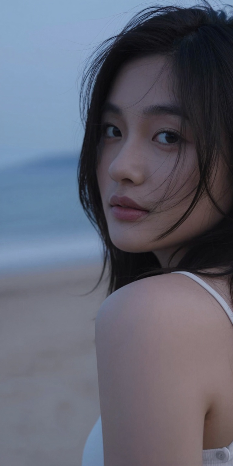 Begin with the woman standing on a sandy beach at twilight,  the scene bathed in a soft,  ethereal glow. Slowly on Tensor.Art