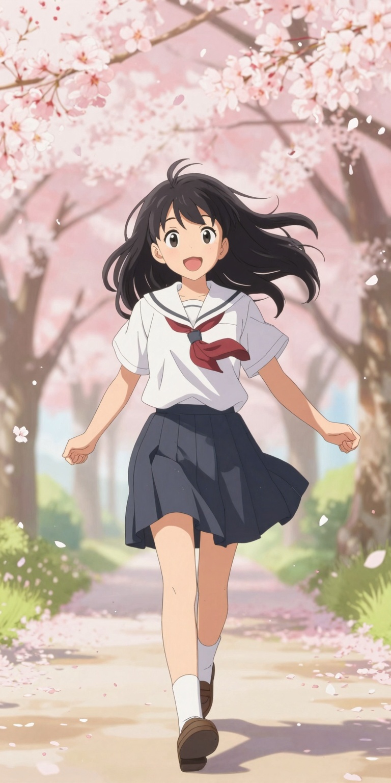 A young anime girl joyfully walks forward,  her expression radiating warmth and happiness. Her dark hair gracefully sways...