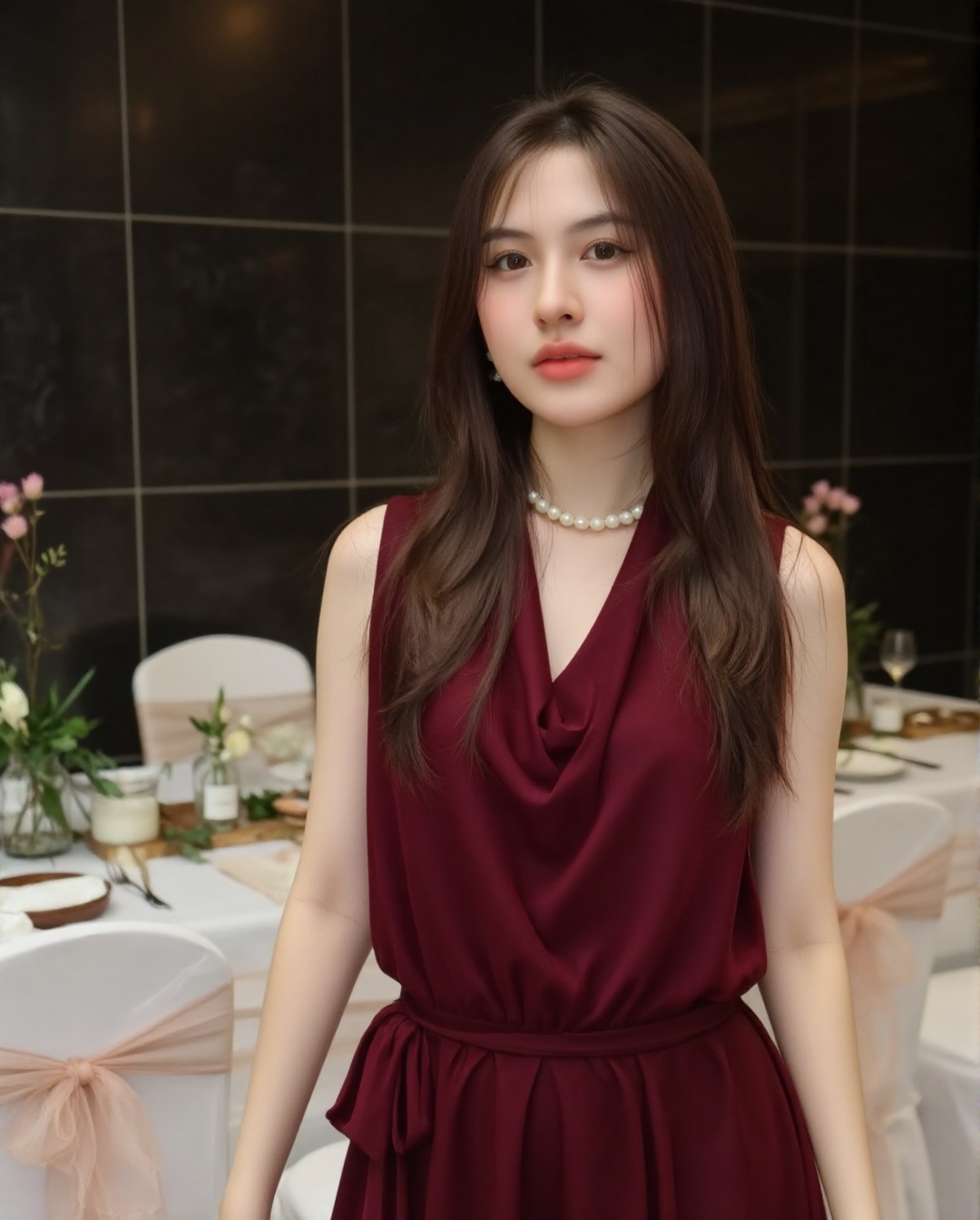 The image shows a young woman standing in front of a dark tiled wall. She is wearing a sleeveless,  deep red dress and a s...