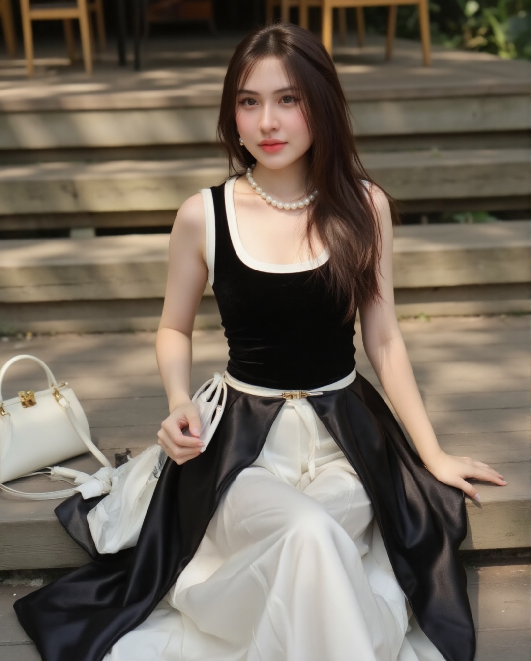 The image shows a young woman sitting on wooden steps outdoors. She is wearing a black and white dress with a satin-like t...