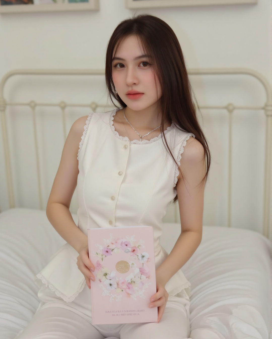 The image shows a young woman sitting on a bed. She is wearing a white sleeveless top with buttons and a delicate necklace...