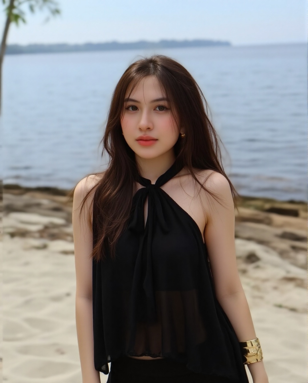 The image shows a young woman standing outdoors near a body of water. She is wearing a black halter top and has long,  dar...