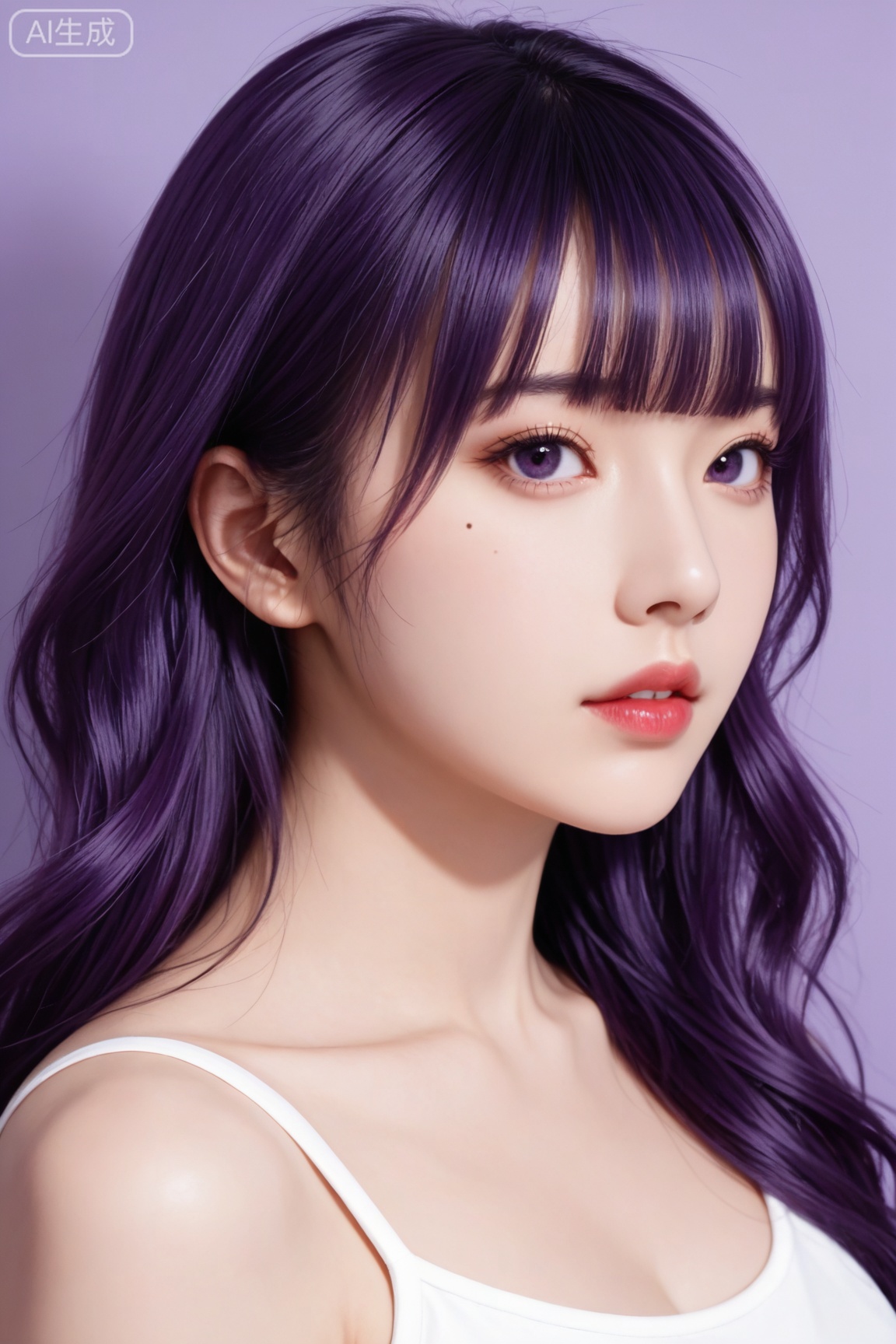 masterpiece, high quality, realistic, photorealistic, real life BREAK
1girl, solo,cute,round face, long hair, looking at viewer, bangs, bare shoulders, purple eyes, collarbone, upper body, purple hair, parted lips, blunt bangs, lips, eyelashes, mole under eye, purple background, realistic, nose, red lips,
BREAK
realistic skin,real skin texture,natural skin,photorealistic,
