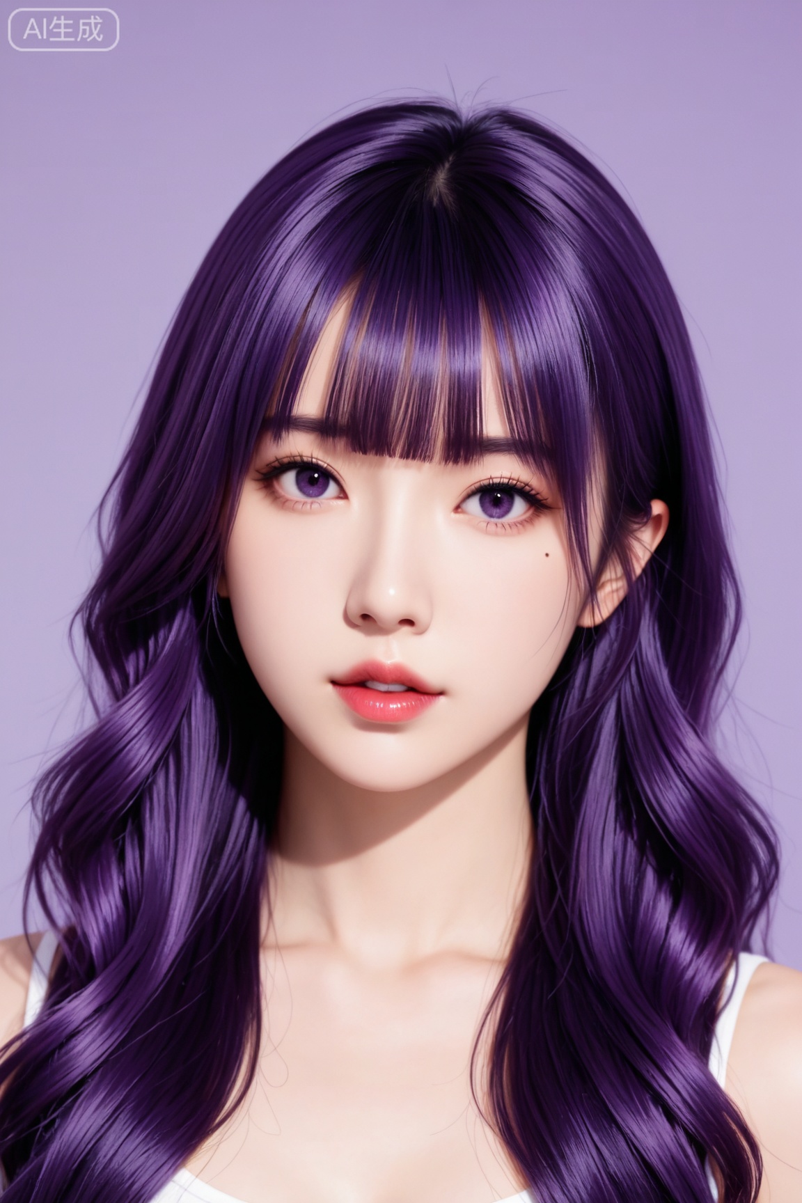 masterpiece, high quality, realistic, photorealistic, real life BREAK
1girl, solo,cute,round face, long hair, looking at viewer, bangs, bare shoulders, purple eyes, collarbone, upper body, purple hair, parted lips, blunt bangs, lips, eyelashes, mole under eye, purple background, realistic, nose, red lips,
BREAK
realistic skin,real skin texture,natural skin,photorealistic,
