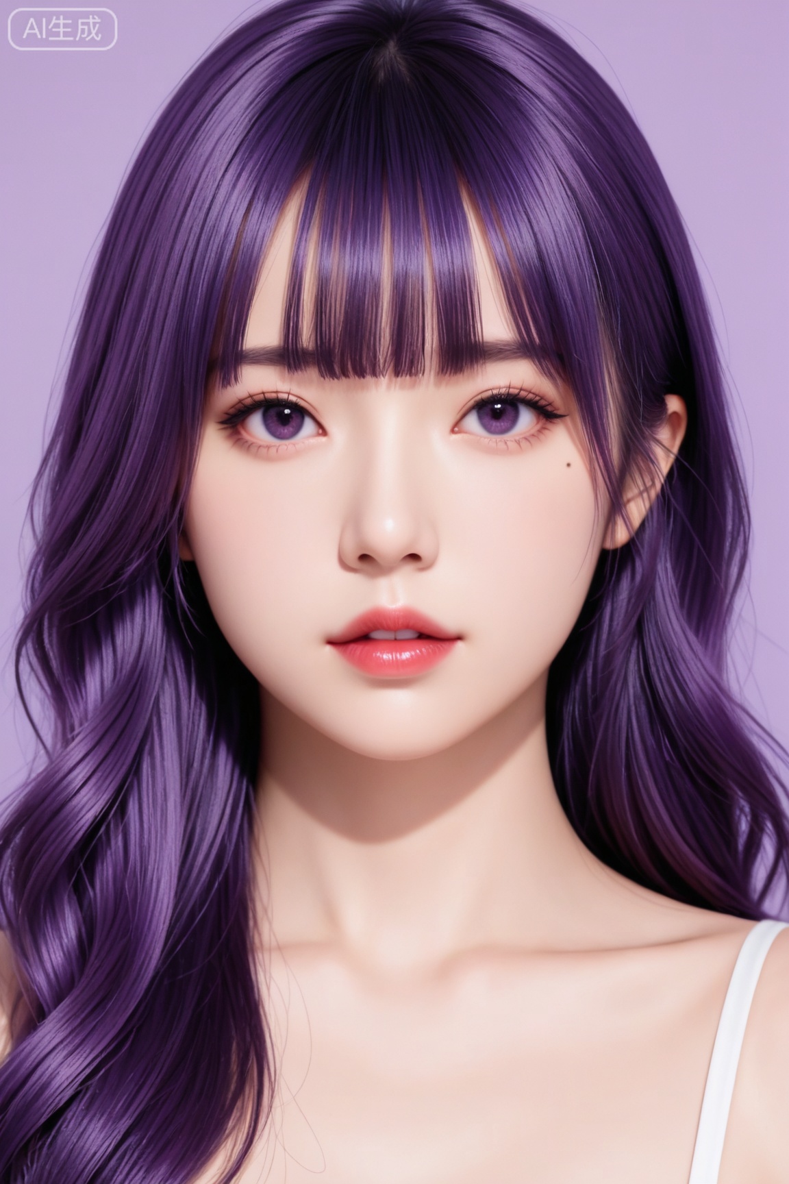 masterpiece, high quality, realistic, photorealistic, real life BREAK
1girl, solo,cute,round face, long hair, looking at viewer, bangs, bare shoulders, purple eyes, collarbone, upper body, purple hair, parted lips, blunt bangs, lips, eyelashes, mole under eye, purple background, realistic, nose, red lips,