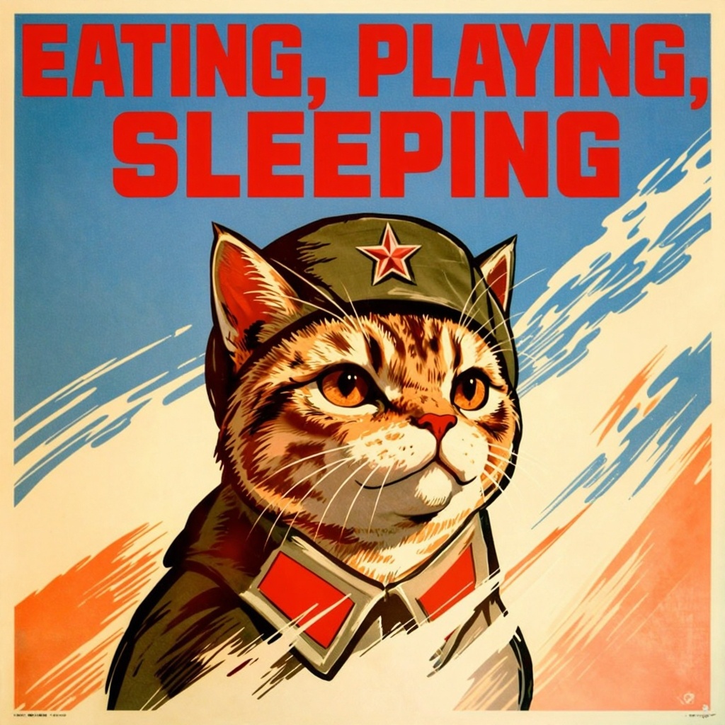 A mid-20th-century propaganda-style poster featuring a heroic cat standing proudly in the foreground. The cat wears a gree...