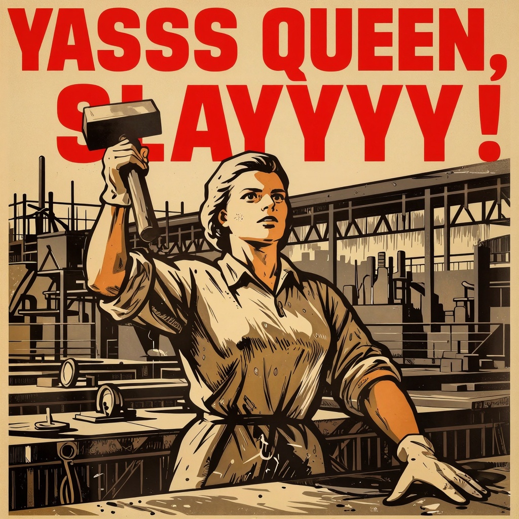 A mid-20th-century propaganda-style poster depicting a strong woman standing inside an industrial workshop,  holding a ham...