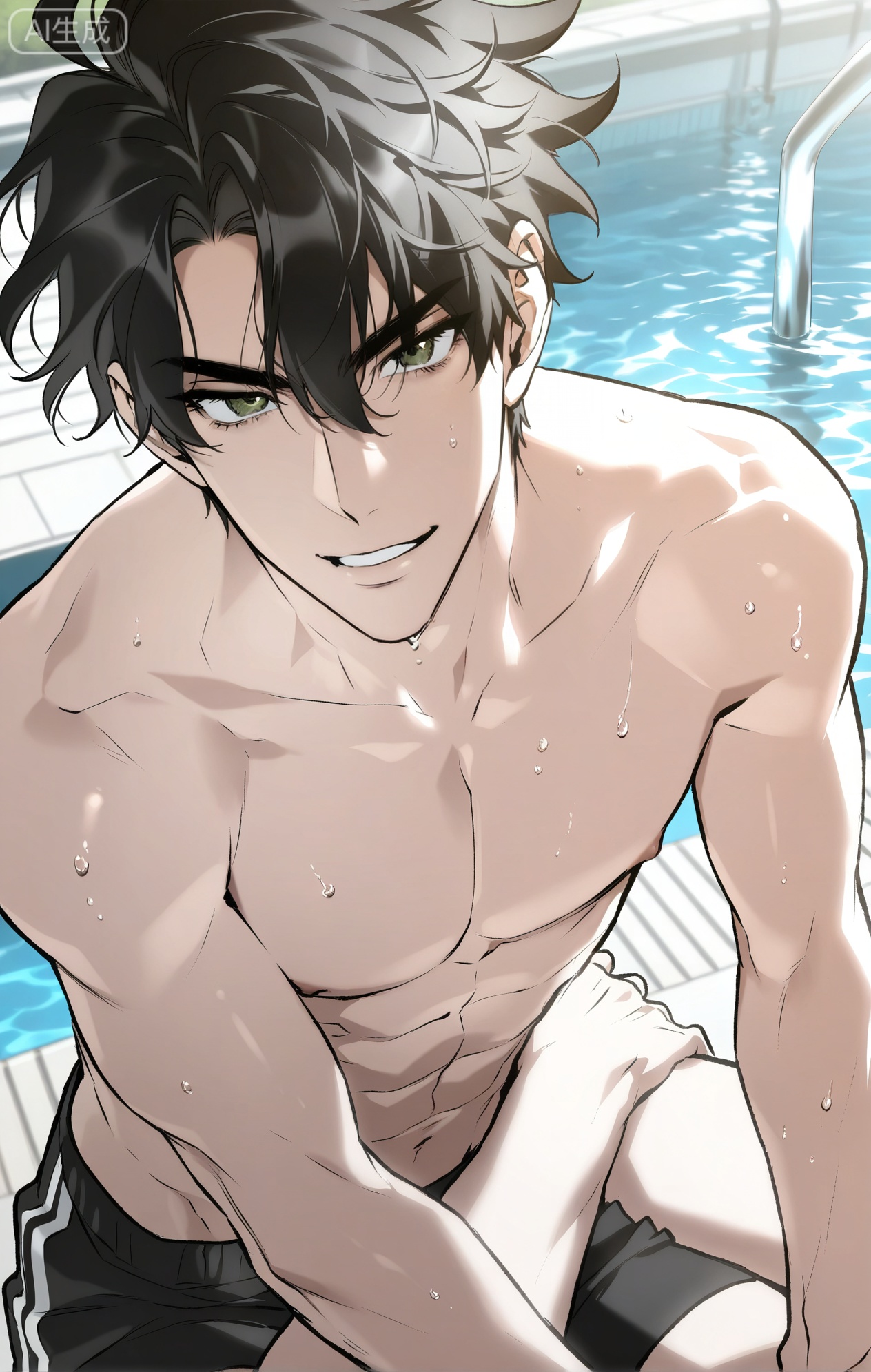 Small note art style,,xiaozhitiao,1boy,((Yoo Joonghyuk \(Omniscient Reader's Viewpoint\)))

(artist:mazjojo:0.53), (artist:pigeon666:0.37), (artist:zawar379:0.57), (artist:remsrar:0.35), (artist:yoneyama mai:0.64), colored pencil (medium), rei (sanbonzakura), (yokoyari mengo:0.6), (flat color:1.2)
amazing quality, very aesthetic, ultra-detailed, depth of field, amazing quality, volumetric lighting, (bright sunlight), detailed eyes, high definition, masterpiece, best quality, very awa, newest, highres, absurdres, year 2024, extremely detailed, highres, detailed beautiful face and eyes,best aesthetic, high resolution, good colors,  bright skin, lots of details, 
BREAK
1boy, male focus, mature male, shiny skin, toned male,  bara,  

Anime style, 1 young man, (seductive gaze:1.4), (confident smirk:1.3), (sparkling eyes), (looking_at_viewer:1.6), against a blurred background of a swimming pool with sparkling water, (dynamic pose: slicking his wet hair back), wearing **only wet, clinging black swim trunks**, (water dripping from his body and hair), (glistening skin), intricate details, bright blues and cyans, sharp focus, cel-shading, anime key visual, ultra HD, 8k, masterpiece, best quality.
