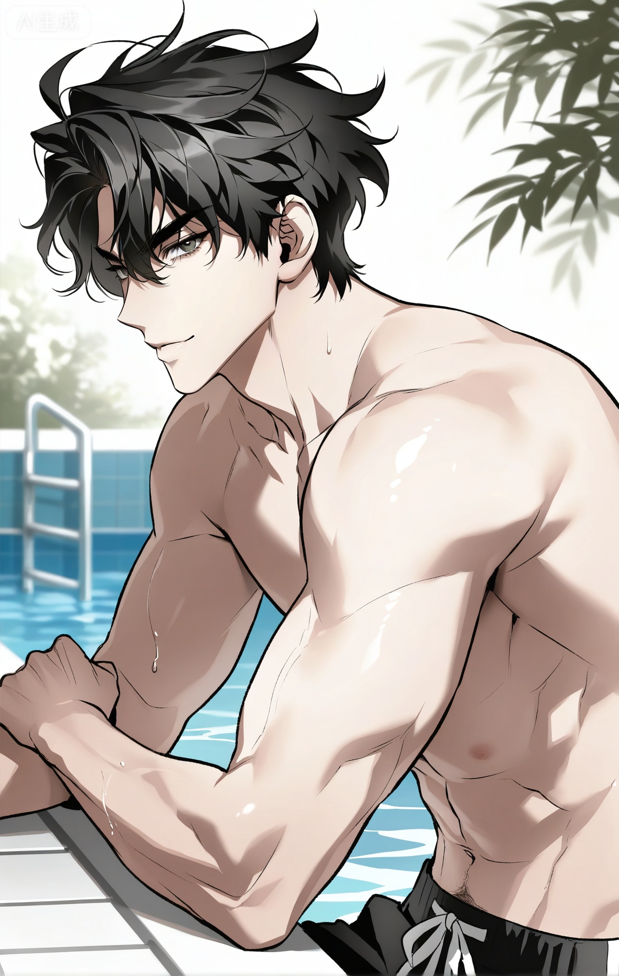 Small note art style,,xiaozhitiao,1boy,((Yoo Joonghyuk \(Omniscient Reader's Viewpoint\)))

(artist:mazjojo:0.53), (artist:pigeon666:0.37), (artist:zawar379:0.57), (artist:remsrar:0.35), (artist:yoneyama mai:0.64), colored pencil (medium), rei (sanbonzakura), (yokoyari mengo:0.6), (flat color:1.2)
amazing quality, very aesthetic, ultra-detailed, depth of field, amazing quality, volumetric lighting, (bright sunlight), detailed eyes, high definition, masterpiece, best quality, very awa, newest, highres, absurdres, year 2024, extremely detailed, highres, detailed beautiful face and eyes,best aesthetic, high resolution, good colors,  bright skin, lots of details, 
BREAK
1boy, male focus, mature male, shiny skin, toned male,  bara,  

Anime style, 1 young man, (seductive gaze:1.4), (confident smirk:1.3), (sparkling eyes), (looking_at_viewer:1.6), against a blurred background of a swimming pool with sparkling water, (dynamic pose: slicking his wet hair back), wearing **only wet, clinging black swim trunks**, (water dripping from his body and hair), (glistening skin), intricate details, bright blues and cyans, sharp focus, cel-shading, anime key visual, ultra HD, 8k, masterpiece, best quality.
