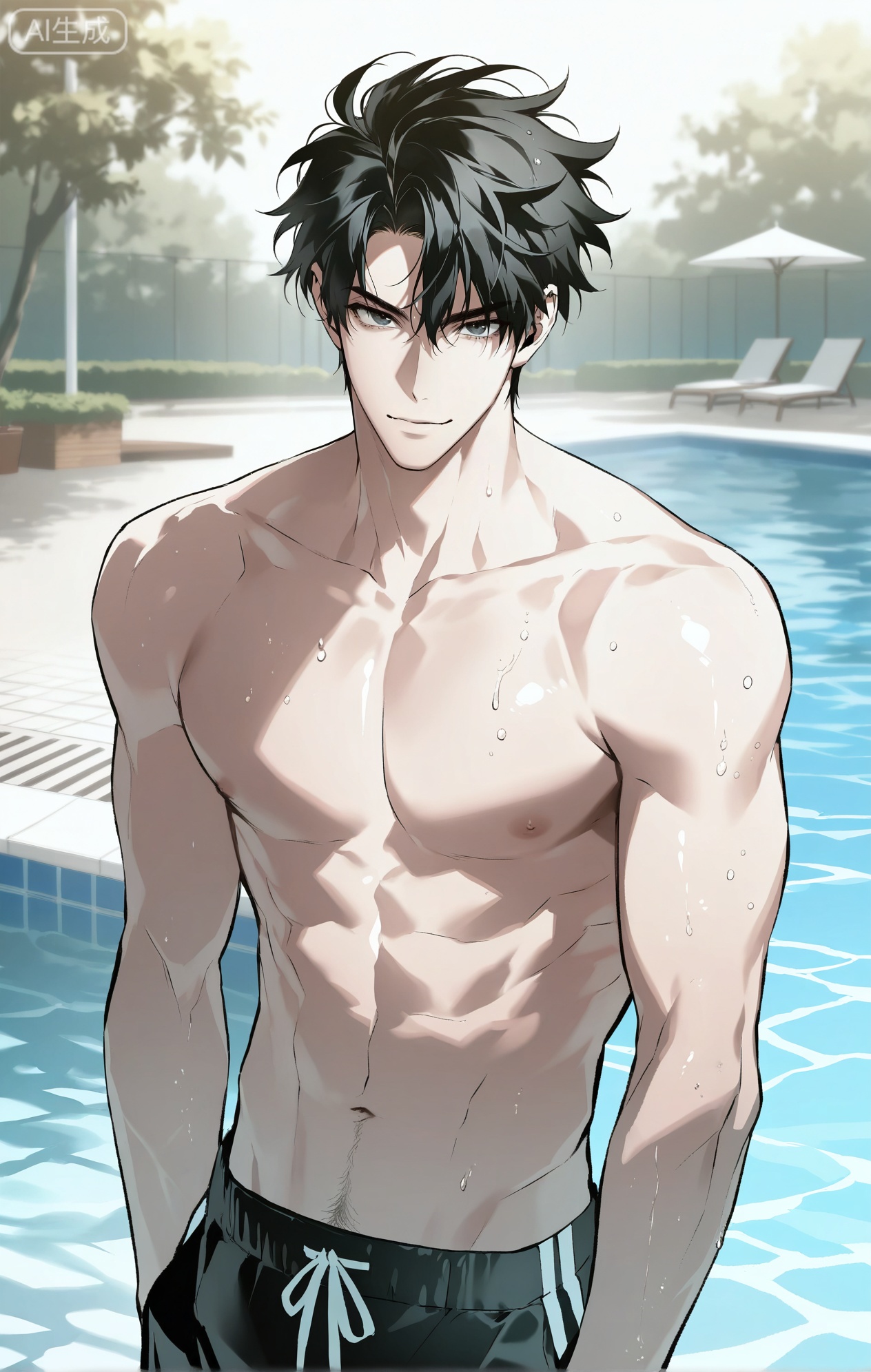 Small note art style,,xiaozhitiao,1boy,((Joonghyuk_Omniscient Reader's Viewpoint))

(artist:mazjojo:0.53), (artist:pigeon666:0.37), (artist:zawar379:0.57), (artist:remsrar:0.35), (artist:yoneyama mai:0.64), colored pencil (medium), rei (sanbonzakura), (yokoyari mengo:0.6), (flat color:1.2)
amazing quality, very aesthetic, ultra-detailed, depth of field, amazing quality, volumetric lighting, (bright sunlight), detailed eyes, high definition, masterpiece, best quality, very awa, newest, highres, absurdres, year 2024, extremely detailed, highres, detailed beautiful face and eyes,best aesthetic, high resolution, good colors,  bright skin, lots of details, 
BREAK
1boy, male focus, mature male, shiny skin, toned male,  bara,  

Anime style, 1 young man, (seductive gaze:1.4), (confident smirk:1.3), (sparkling eyes), (looking_at_viewer:1.6), against a blurred background of a swimming pool with sparkling water, (dynamic pose: slicking his wet hair back), wearing **only wet, clinging black swim trunks**, (water dripping from his body and hair), (glistening skin), intricate details, bright blues and cyans, sharp focus, cel-shading, anime key visual, ultra HD, 8k, masterpiece, best quality.
