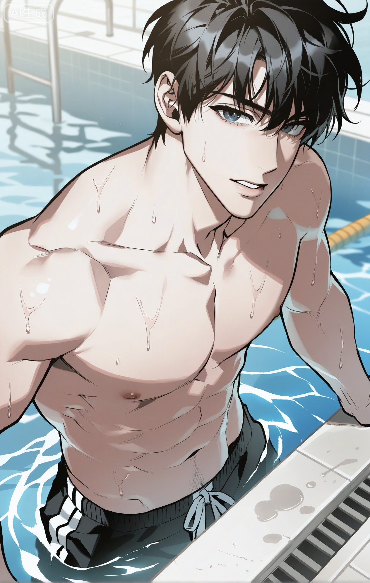 Small note art style,,xiaozhitiao,1boy,Kim Dokja_Omniscient Reader's Viewpoint))

(artist:mazjojo:0.53), (artist:pigeon666:0.37), (artist:zawar379:0.57), (artist:remsrar:0.35), (artist:yoneyama mai:0.64), colored pencil (medium), rei (sanbonzakura), (yokoyari mengo:0.6), (flat color:1.2)
amazing quality, very aesthetic, ultra-detailed, depth of field, amazing quality, volumetric lighting, (bright sunlight), detailed eyes, high definition, masterpiece, best quality, very awa, newest, highres, absurdres, year 2024, extremely detailed, highres, detailed beautiful face and eyes,best aesthetic, high resolution, good colors,  bright skin, lots of details, 
BREAK
1boy, male focus, mature male, shiny skin, toned male,  bara,  

Anime style, 1 young man, (seductive gaze:1.4), (confident smirk:1.3), (sparkling eyes), (looking_at_viewer:1.6), against a blurred background of a swimming pool with sparkling water, (dynamic pose: slicking his wet hair back), wearing **only wet, clinging black swim trunks**, (water dripping from his body and hair), (glistening skin), intricate details, bright blues and cyans, sharp focus, cel-shading, anime key visual, ultra HD, 8k, masterpiece, best quality.
