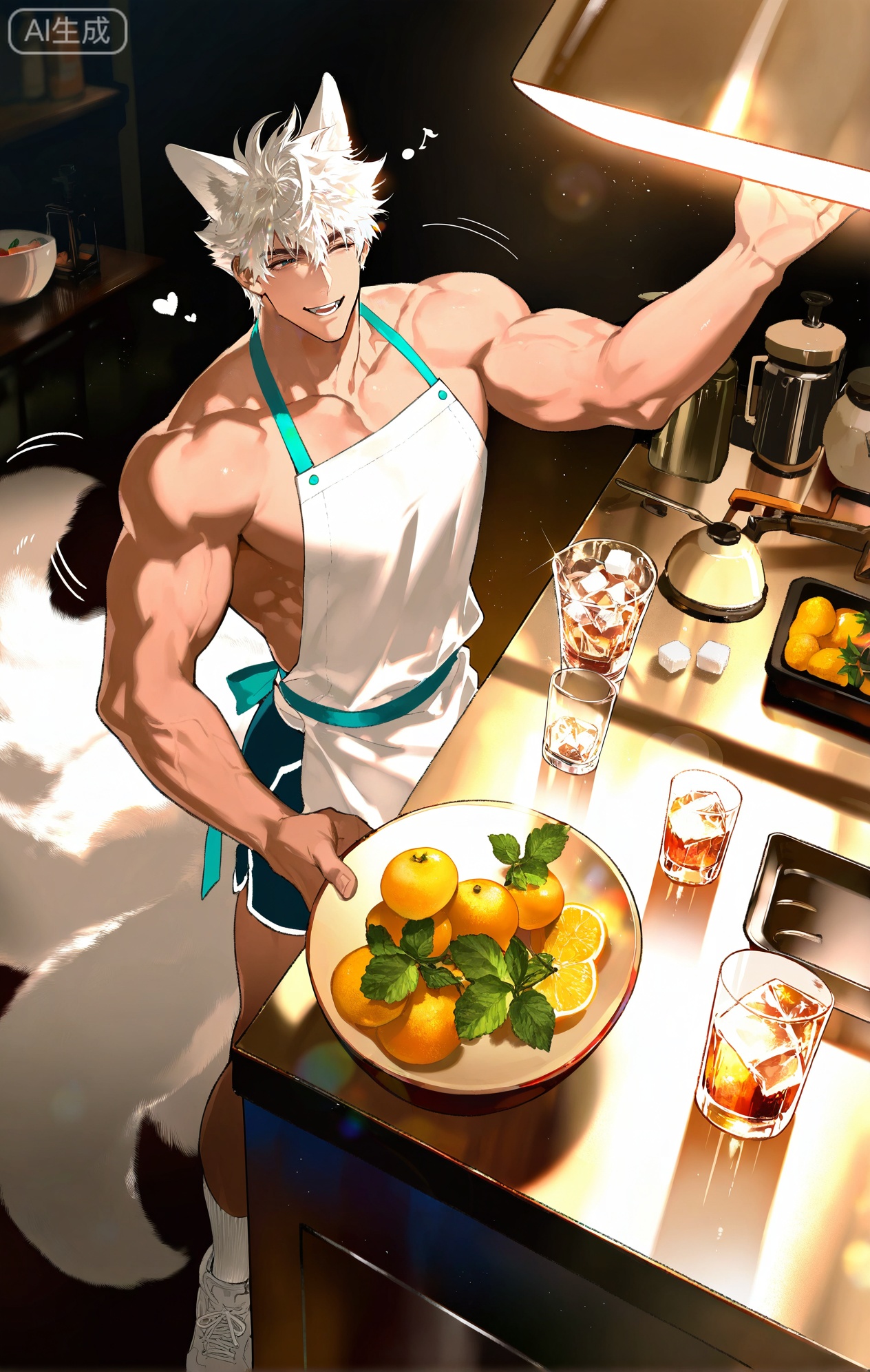 (artist:mazjojo:0.83),(artist:pigeon666:0.67),(artist:zawar379:0.77),(artist:remsrar:0.65),(artist:yoneyama mai:0.74),(artist:chimmyming:0.72),masterpiece,4k,hd,HDR,amazing quality,best quality,high resolution,goldenfieldszho,newest,very aesthetic,ultra-detailed,absurdres,perfect lighting,volumetric lighting,(bright, sunny kitchen lighting),shadowing,(good shadowing),depth of field,scenery,amazing aesthetics,cinematic lighting,cinematic,shading,(good shading),counter shading,subsurface scattering,intricate details,illustration,perfect hands,1boy,handsome,interesting,male focus,bara,sexy,solo,focused on his task,
(a content, happy smile as he works:1.4),(humming a tune:1.2),
muscular male,abs,large pectorals,
wearing (a simple apron over a **** top and shorts:1.5),(nine fluffy white fox tails, wagging slightly as he concentrates:1.5),
(standing at a kitchen counter, dropping ice cubes into a tall glass:1.5),(a blender filled with fruit smoothie nearby:1.3),
background: modern kitchen,bowls of fresh fruit (lemons, mint, berries),sunlight,backlit,dynamic pose,dynamic angle,detailed background,full body,bishounen,tall male,close-up,(soft color images:1.3),light particles,lens flare



,,xiaozhitiao
