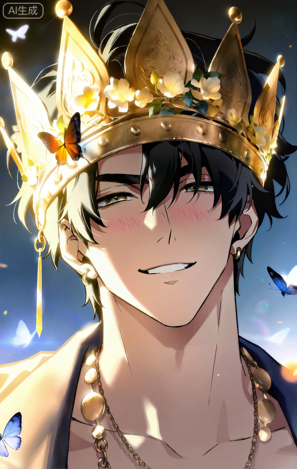 Small note art style,,xiaozhitiao,1boy,((Yoo Joonghyuk \(Omniscient Reader's Viewpoint\)))
masterpiece, best quality, ultra-detailed, high resolution, absurdres, official art, depth of field, scenery, amazing aesthetics, cinematic lighting, cinematic, shading, (good shading), counter shading, subsurface scattering, intricate details, illustration, perfect hands, handsome,
1boy, solo, male focus, bishounen, short hair, (a shy, blushing smile:1.3), toned male, ear piercings, jewelry, ear chain, hoop earrings, multiple necklaces,
(from front:1.2), looking at viewer, portrait, icon,
(fuzzy blue viper's bugloss and fluffy yellow kerria flowers blooming on his head like a messy crown and on his shoulders:1.5), (butterflies that look like they are made of blue and yellow velvet:1.4),
(the toga is made of a soft, woolen material, draped very loosely to show the collarbones:1.4),
clean white background, simple background, particle effects, light particles, glint, lens flare, sunlight.

