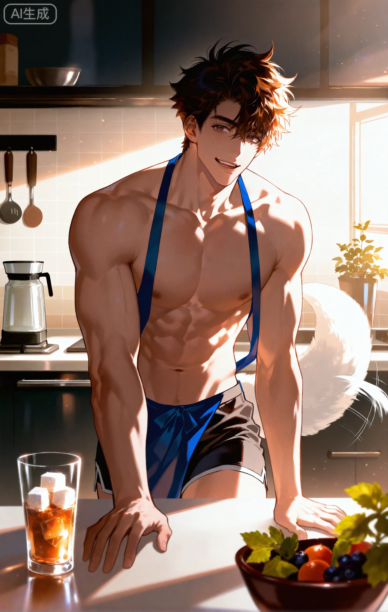 (artist:mazjojo:0.83),(artist:pigeon666:0.67),(artist:zawar379:0.77),(artist:remsrar:0.65),(artist:yoneyama mai:0.74),(artist:chimmyming:0.72),masterpiece,4k,hd,HDR,amazing quality,best quality,high resolution,goldenfieldszho,newest,very aesthetic,ultra-detailed,absurdres,perfect lighting,volumetric lighting,(bright, sunny kitchen lighting),shadowing,(good shadowing),depth of field,scenery,amazing aesthetics,cinematic lighting,cinematic,shading,(good shading),counter shading,subsurface scattering,intricate details,illustration,perfect hands,1boy,handsome,interesting,male focus,bara,sexy,solo,focused on his task,
(a content, happy smile as he works:1.4),(humming a tune:1.2),
muscular male,abs,large pectorals,
wearing (a simple apron over a **** top and shorts:1.5),(nine fluffy white fox tails, wagging slightly as he concentrates:1.5),
(standing at a kitchen counter, dropping ice cubes into a tall glass:1.5),(a blender filled with fruit smoothie nearby:1.3),
background: modern kitchen,bowls of fresh fruit (lemons, mint, berries),sunlight,backlit,dynamic pose,dynamic angle,detailed background,full body,bishounen,tall male,close-up,(soft color images:1.3),light particles,lens flare



,,xiaozhitiao