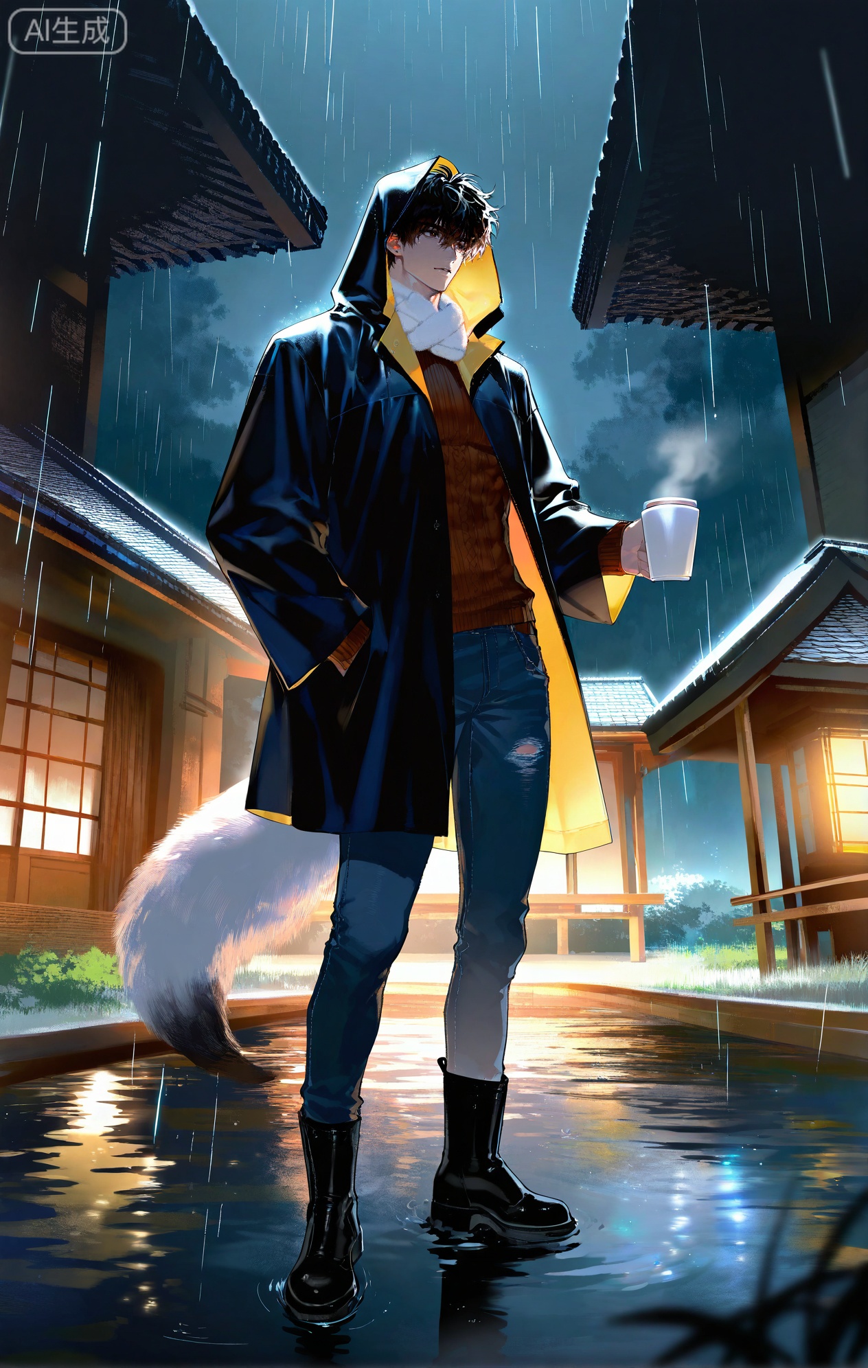 (artist:mazjojo:0.83),(artist:pigeon666:0.67),(artist:zawar379:0.77),(artist:remsrar:0.65),(artist:yoneyama mai:0.74),(artist:chimmyming:0.72),masterpiece,4k,hd,HDR,amazing quality,best quality,high resolution,goldenfieldszho,newest,very aesthetic,ultra-detailed,absurdres,perfect lighting,volumetric lighting,(cold, diffused light of a rainy day),shadowing,(good shadowing),depth of field,scenery,amazing aesthetics,cinematic lighting,cinematic,shading,(good shading),counter shading,subsurface scattering,intricate details,illustration,perfect hands,1boy,handsome,interesting,male focus,bara,sexy,solo,looking out at the rain with a calm expression,
(a thoughtful, serene gaze:1.4),(holding a warm cup of coffee in his hands:1.3),
muscular male,abs,large pectorals,
wearing (a thick, dark blue raincoat over a sweater:1.5),(jeans and waterproof boots:1.3),(a scarf around his neck:1.2),(nine fluffy white fox tails, kept dry under his coat:1.5),
(standing under the eaves of a traditional Japanese-style house:1.4),(watching the rain fall in the garden:1.3),
background: traditional house,rain,zen garden,koi pond,backlit,dynamic pose,dynamic angle,detailed background,full body,bishounen,tall male,close-up,(dark theme:1.1),light particles,lens flare



,,xiaozhitiao