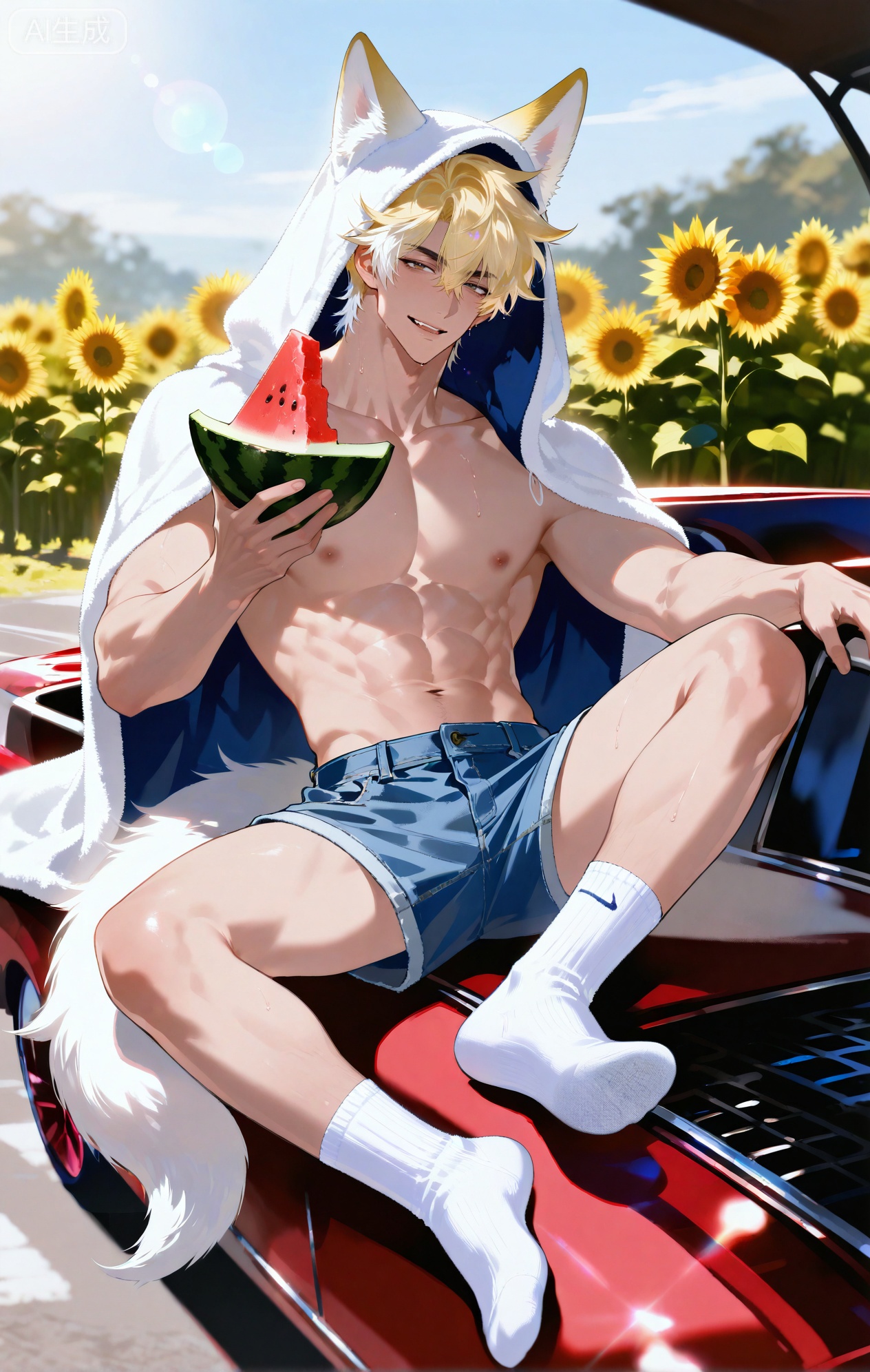 (artist:mazjojo:0.83),(artist:pigeon666:0.67),(artist:zawar379:0.77),(artist:remsrar:0.65),(artist:yoneyama mai:0.74),(artist:chimmyming:0.72),masterpiece,4k,hd,HDR,amazing quality,best quality,high resolution,goldenfieldszho,newest,very aesthetic,ultra-detailed,absurdres,perfect lighting,volumetric lighting,(bright, harsh sunlight of a summer day),shadowing,(good shadowing),depth of field,scenery,amazing aesthetics,cinematic lighting,cinematic,shading,(good shading),counter shading,subsurface scattering,intricate details,illustration,perfect hands,1boy,handsome,interesting,male focus,bara,sexy,solo,wiping sweat from his brow with his arm,
(a bright, energetic smile:1.4),(squinting slightly against the sun:1.2),
muscular male,abs,large pectorals,sweaty,
wearing (a white **** top:1.3), (denim shorts:1.4), (white ankle socks:1.4),(a baseball cap worn backwards:1.2),(nine fluffy white fox tails, spread out on the car hood:1.5),
(sitting on the hood of a vintage red car, holding a slice of watermelon:1.5),(taking a big bite of the watermelon:1.3),
background: a country road,sunflower field in the distance,backlit,dynamic pose,dynamic angle,detailed background,full body,bishounen,tall male,close-up,(soft color images:1.4),light particles,lens flare



Small note art style,,xiaozhitiao,yu xuan,multicolored hair,White dragon tail,White dragon horns,yellow eyes,white hair,blonde hair,1boy,bangs
,socks,white socks,dianmei