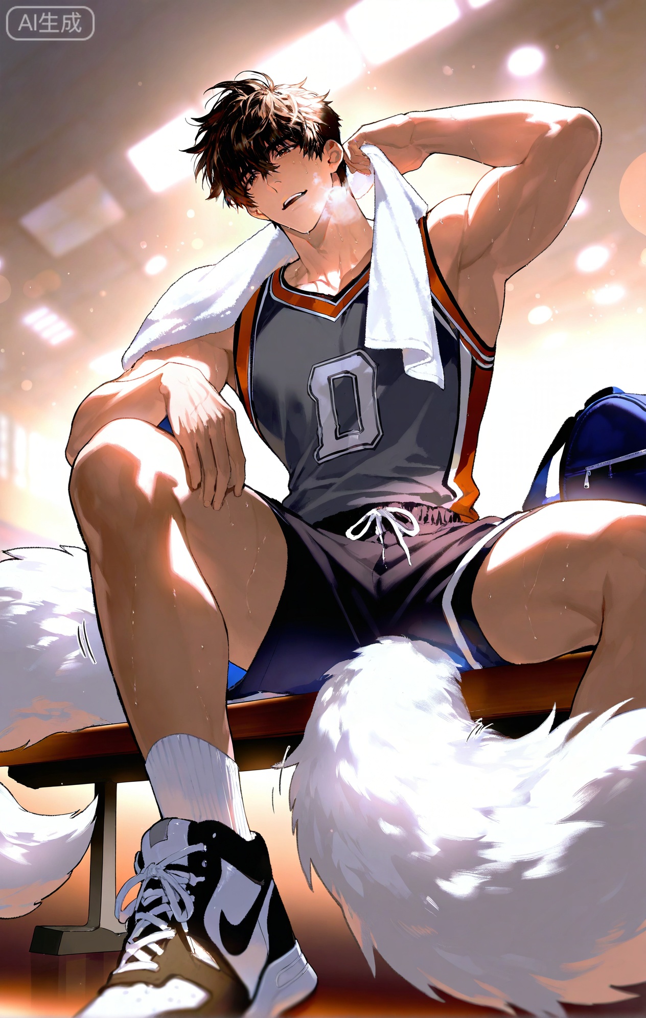 (artist:mazjojo:0.83),(artist:pigeon666:0.67),(artist:zawar379:0.77),(artist:remsrar:0.65),(artist:yoneyama mai:0.74),(artist:chimmyming:0.72),masterpiece,4k,hd,HDR,amazing quality,best quality,high resolution,goldenfieldszho,newest,very aesthetic,ultra-detailed,absurdres,perfect lighting,volumetric lighting,(bright, clean locker room lighting),shadowing,(good shadowing),depth of field,scenery,amazing aesthetics,cinematic lighting,cinematic,shading,(good shading),counter shading,subsurface scattering,intricate details,illustration,perfect hands,1boy,handsome,interesting,male focus,bara,sexy,solo,looking at his reflection in the mirror with a satisfied smile,
(taking a deep breath, feeling accomplished:1.4),(wiping sweat from his neck with a towel:1.2),
muscular male,abs,large pectorals,sweaty,
wearing (a grey athletic **** top and black basketball shorts:1.5),(a towel draped over his shoulders:1.3),(nine fluffy white fox tails, wagging slightly:1.5),
(sitting on a bench, tying his shoelaces:1.4),(a sports bag next to him:1.2),
background: gym locker room,benches,lockers,backlit,dynamic pose,dynamic angle,detailed background,full body,bishounen,tall male,close-up,light particles,lens flare



,,xiaozhitiao