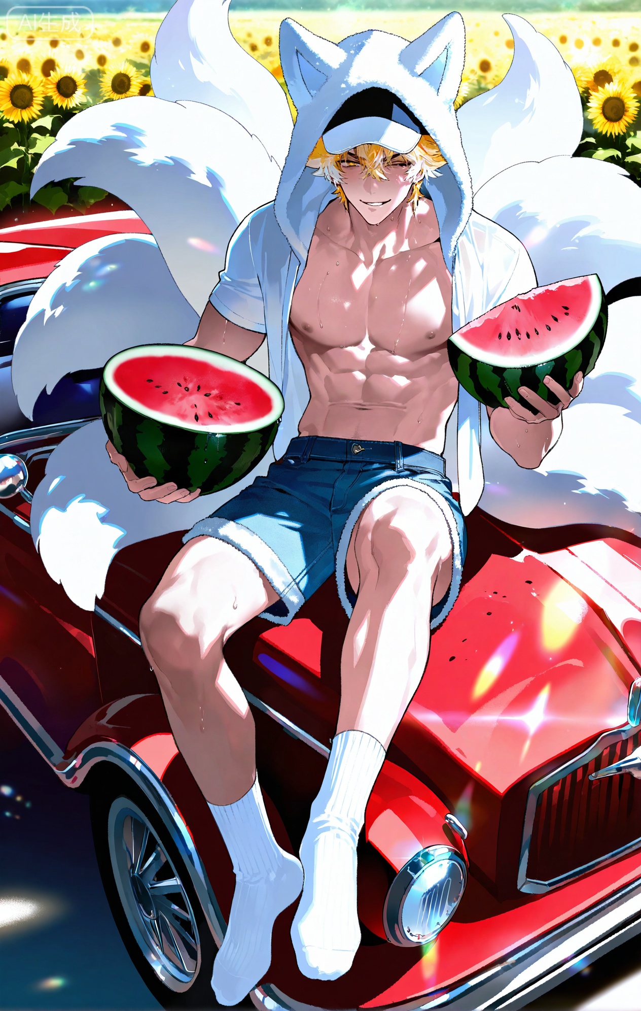 (artist:mazjojo:0.83),(artist:pigeon666:0.67),(artist:zawar379:0.77),(artist:remsrar:0.65),(artist:yoneyama mai:0.74),(artist:chimmyming:0.72),masterpiece,4k,hd,HDR,amazing quality,best quality,high resolution,goldenfieldszho,newest,very aesthetic,ultra-detailed,absurdres,perfect lighting,volumetric lighting,(bright, harsh sunlight of a summer day),shadowing,(good shadowing),depth of field,scenery,amazing aesthetics,cinematic lighting,cinematic,shading,(good shading),counter shading,subsurface scattering,intricate details,illustration,perfect hands,1boy,handsome,interesting,male focus,bara,sexy,solo,wiping sweat from his brow with his arm,
(a bright, energetic smile:1.4),(squinting slightly against the sun:1.2),
muscular male,abs,large pectorals,sweaty,
wearing (a white **** top:1.3), (denim shorts:1.4), (white ankle socks:1.4),(a baseball cap worn backwards:1.2),(nine fluffy white fox tails, spread out on the car hood:1.5),
(sitting on the hood of a vintage red car, holding a slice of watermelon:1.5),(taking a big bite of the watermelon:1.3),
background: a country road,sunflower field in the distance,backlit,dynamic pose,dynamic angle,detailed background,full body,bishounen,tall male,close-up,(soft color images:1.4),light particles,lens flare



Small note art style,,xiaozhitiao,yu xuan,multicolored hair,White dragon tail,White dragon horns,yellow eyes,white hair,blonde hair,1boy,bangs
,socks,white socks,dianmei