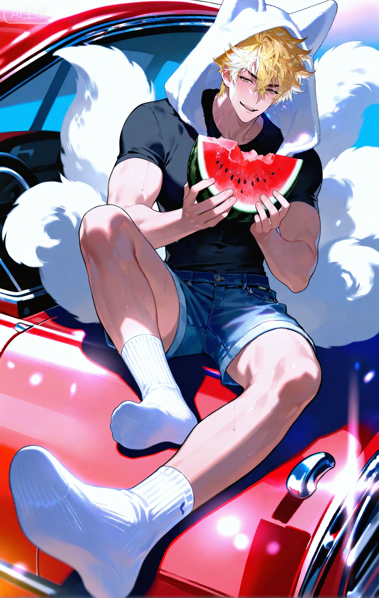 (artist:mazjojo:0.83),(artist:pigeon666:0.67),(artist:zawar379:0.77),(artist:remsrar:0.65),(artist:yoneyama mai:0.74),(artist:chimmyming:0.72),masterpiece,4k,hd,HDR,amazing quality,best quality,high resolution,goldenfieldszho,newest,very aesthetic,ultra-detailed,absurdres,perfect lighting,volumetric lighting,(bright, harsh sunlight of a summer day),shadowing,(good shadowing),depth of field,scenery,amazing aesthetics,cinematic lighting,cinematic,shading,(good shading),counter shading,subsurface scattering,intricate details,illustration,perfect hands,1boy,handsome,interesting,male focus,bara,sexy,solo,wiping sweat from his brow with his arm,
(a bright, energetic smile:1.4),(squinting slightly against the sun:1.2),
muscular male,abs,large pectorals,sweaty,
wearing (a white **** top:1.3), (denim shorts:1.4), (white ankle socks:1.4),(a baseball cap worn backwards:1.2),(nine fluffy white fox tails, spread out on the car hood:1.5),
(sitting on the hood of a vintage red car, holding a slice of watermelon:1.5),(taking a big bite of the watermelon:1.3),
background: a country road,sunflower field in the distance,backlit,dynamic pose,dynamic angle,detailed background,full body,bishounen,tall male,close-up,(soft color images:1.4),light particles,lens flare



Small note art style,,xiaozhitiao,yu xuan,multicolored hair,White dragon tail,White dragon horns,yellow eyes,white hair,blonde hair,1boy,bangs
,socks,white socks,dianmei