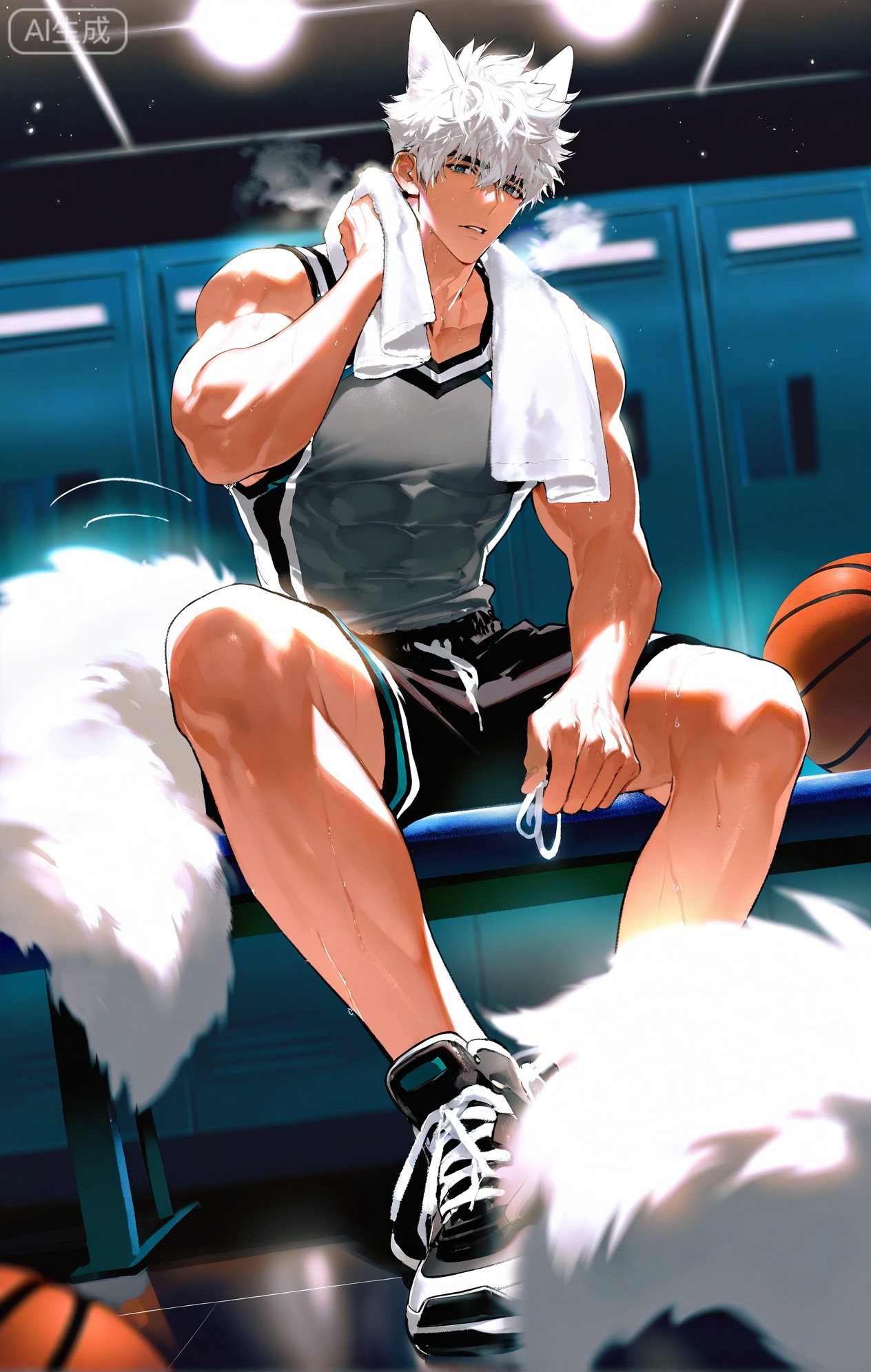 (artist:mazjojo:0.83),(artist:pigeon666:0.67),(artist:zawar379:0.77),(artist:remsrar:0.65),(artist:yoneyama mai:0.74),(artist:chimmyming:0.72),masterpiece,4k,hd,HDR,amazing quality,best quality,high resolution,goldenfieldszho,newest,very aesthetic,ultra-detailed,absurdres,perfect lighting,volumetric lighting,(bright, clean locker room lighting),shadowing,(good shadowing),depth of field,scenery,amazing aesthetics,cinematic lighting,cinematic,shading,(good shading),counter shading,subsurface scattering,intricate details,illustration,perfect hands,1boy,handsome,interesting,male focus,bara,sexy,solo,looking at his reflection in the mirror with a satisfied smile,
(taking a deep breath, feeling accomplished:1.4),(wiping sweat from his neck with a towel:1.2),
muscular male,abs,large pectorals,sweaty,
wearing (a grey athletic **** top and black basketball shorts:1.5),(a towel draped over his shoulders:1.3),(nine fluffy white fox tails, wagging slightly:1.5),
(sitting on a bench, tying his shoelaces:1.4),(a sports bag next to him:1.2),
background: gym locker room,benches,lockers,backlit,dynamic pose,dynamic angle,detailed background,full body,bishounen,tall male,close-up,light particles,lens flare



,,xiaozhitiao